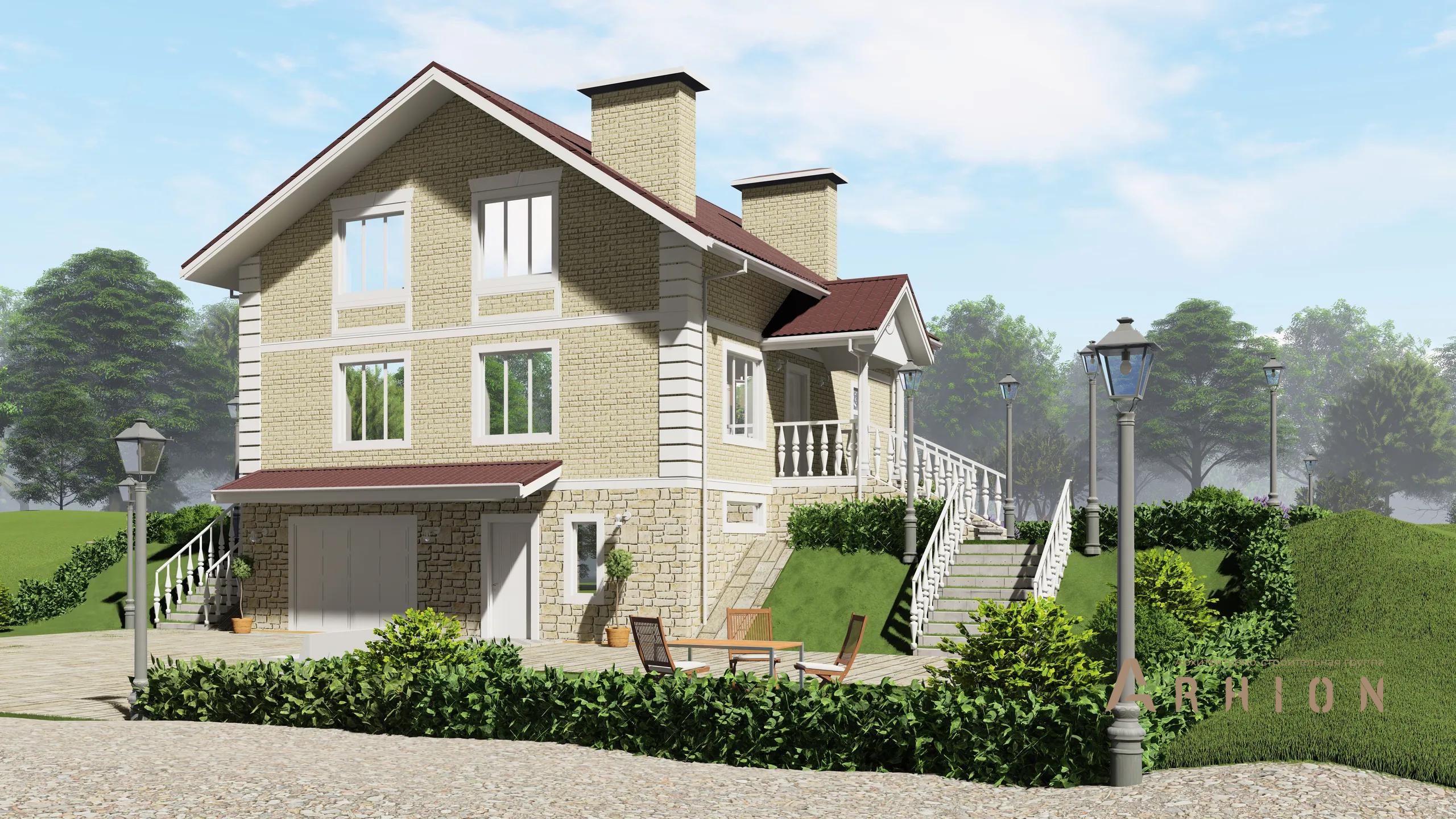 3. Проект двухэтажного дома в современном классическом стиле с двускатной кровлей, H-1306, площадью - 245 кв c цокольным этажом, мансардой, гаражом