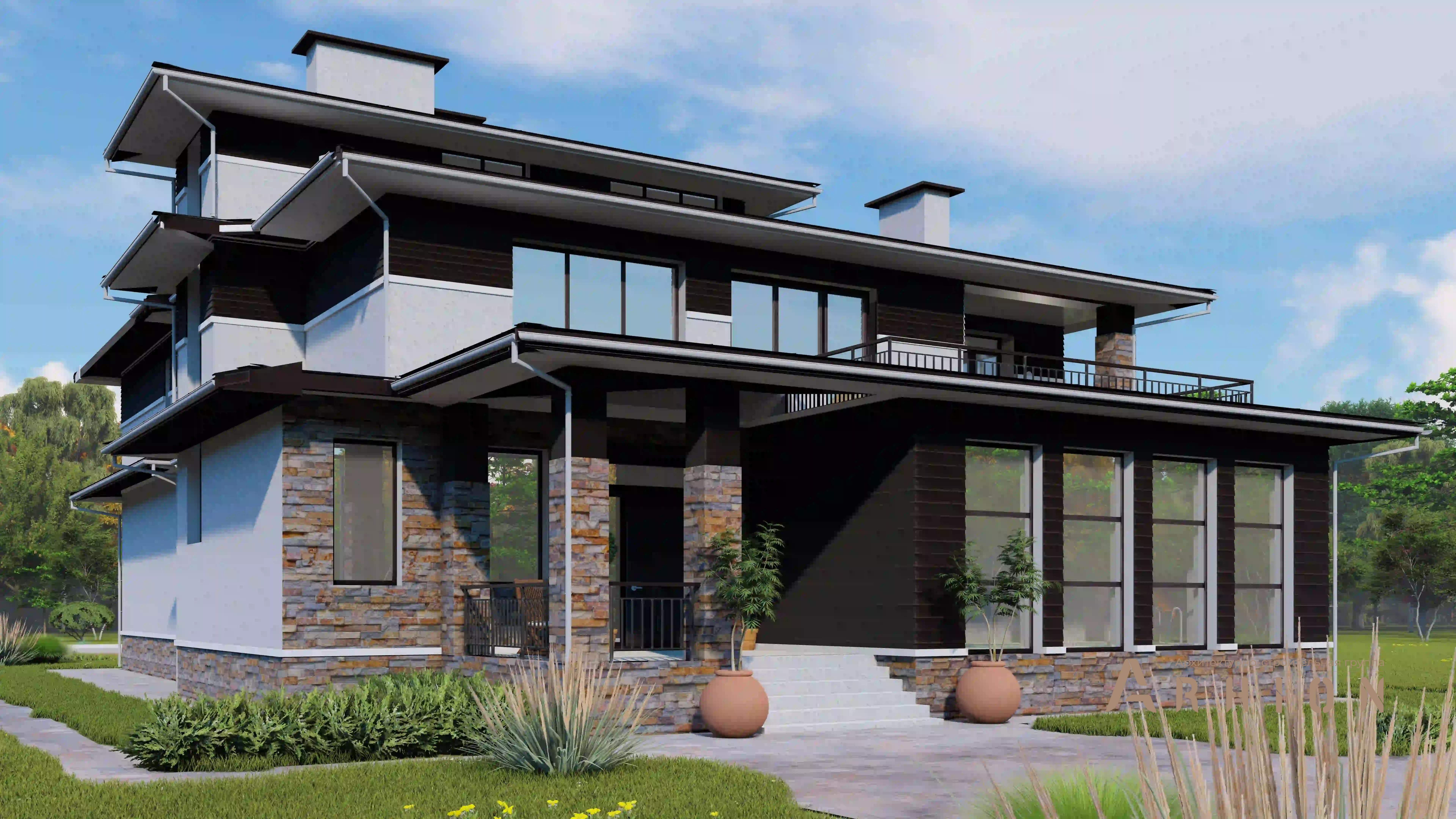 1. Проект трехэтажного дома в стиле Ллойда Райта (прерий) с четырехскатной, H-1307, площадью - 550 кв c сауной, бассейном