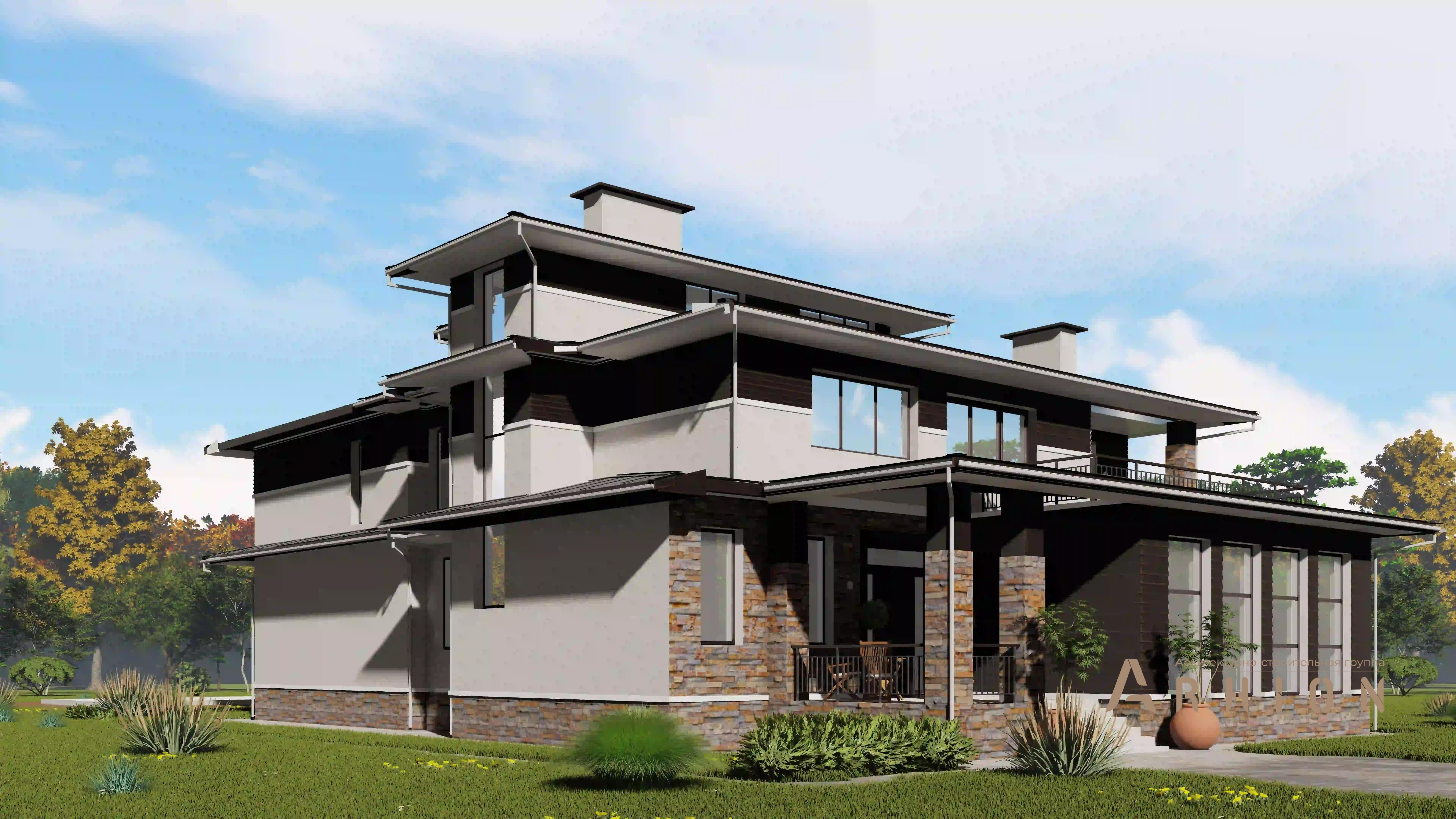 5. Проект трехэтажного дома в стиле Ллойда Райта (прерий) с четырехскатной, H-1307, площадью - 550 кв c сауной, бассейном