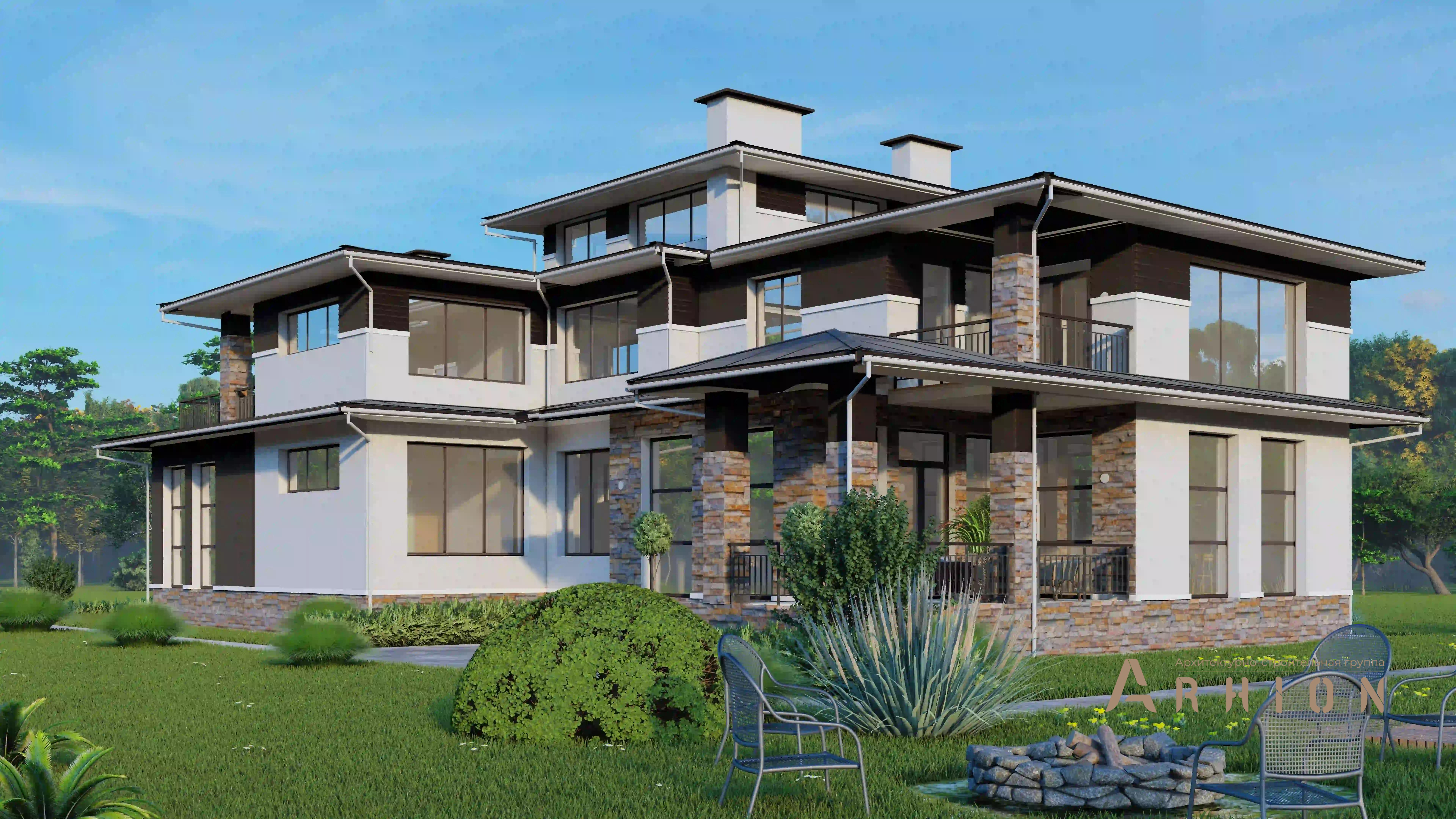 2. Проект трехэтажного дома в стиле Ллойда Райта (прерий) с четырехскатной, H-1307, площадью - 550 кв c сауной, бассейном