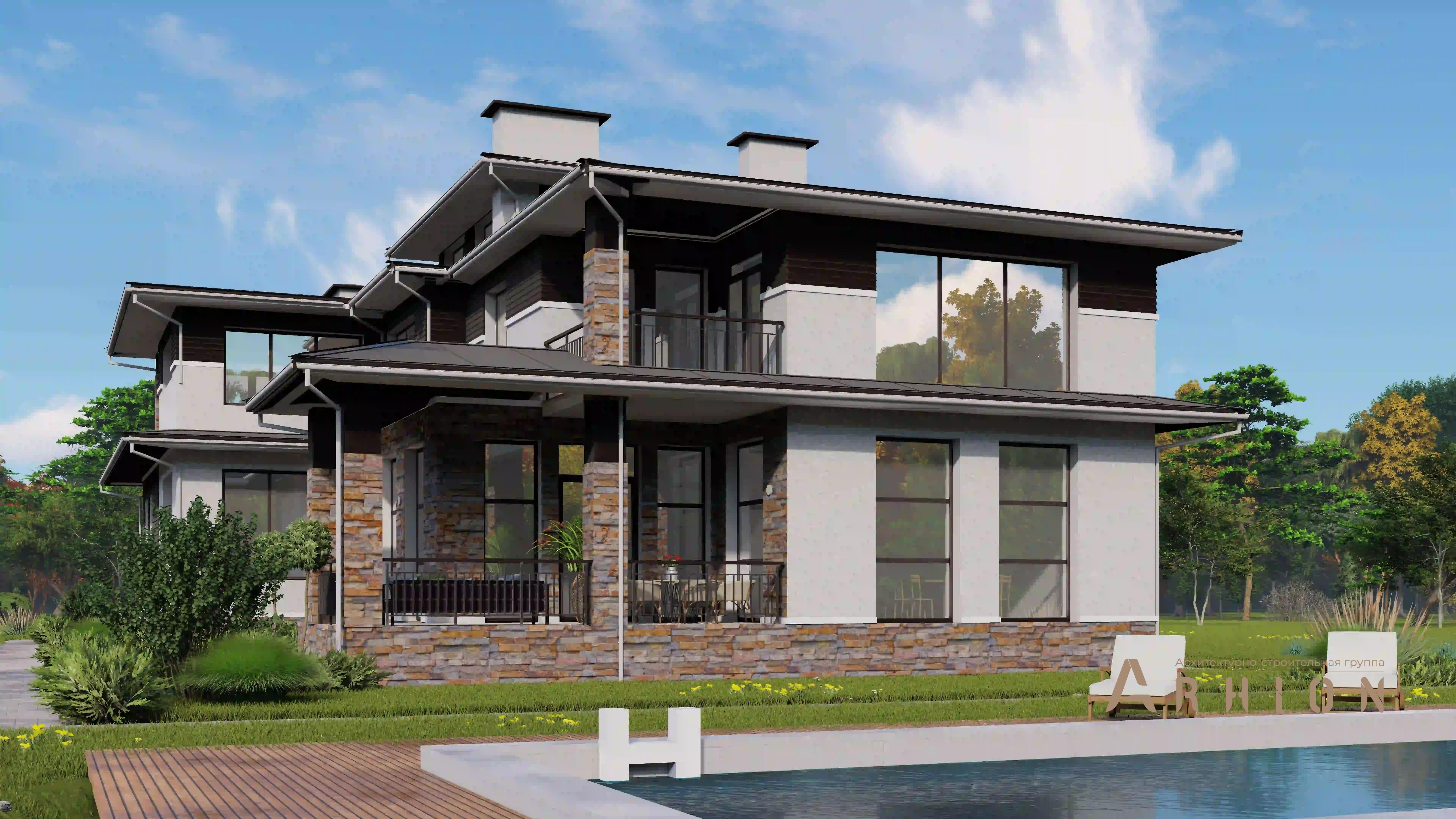 4. Проект трехэтажного дома в стиле Ллойда Райта (прерий) с четырехскатной, H-1307, площадью - 550 кв c сауной, бассейном