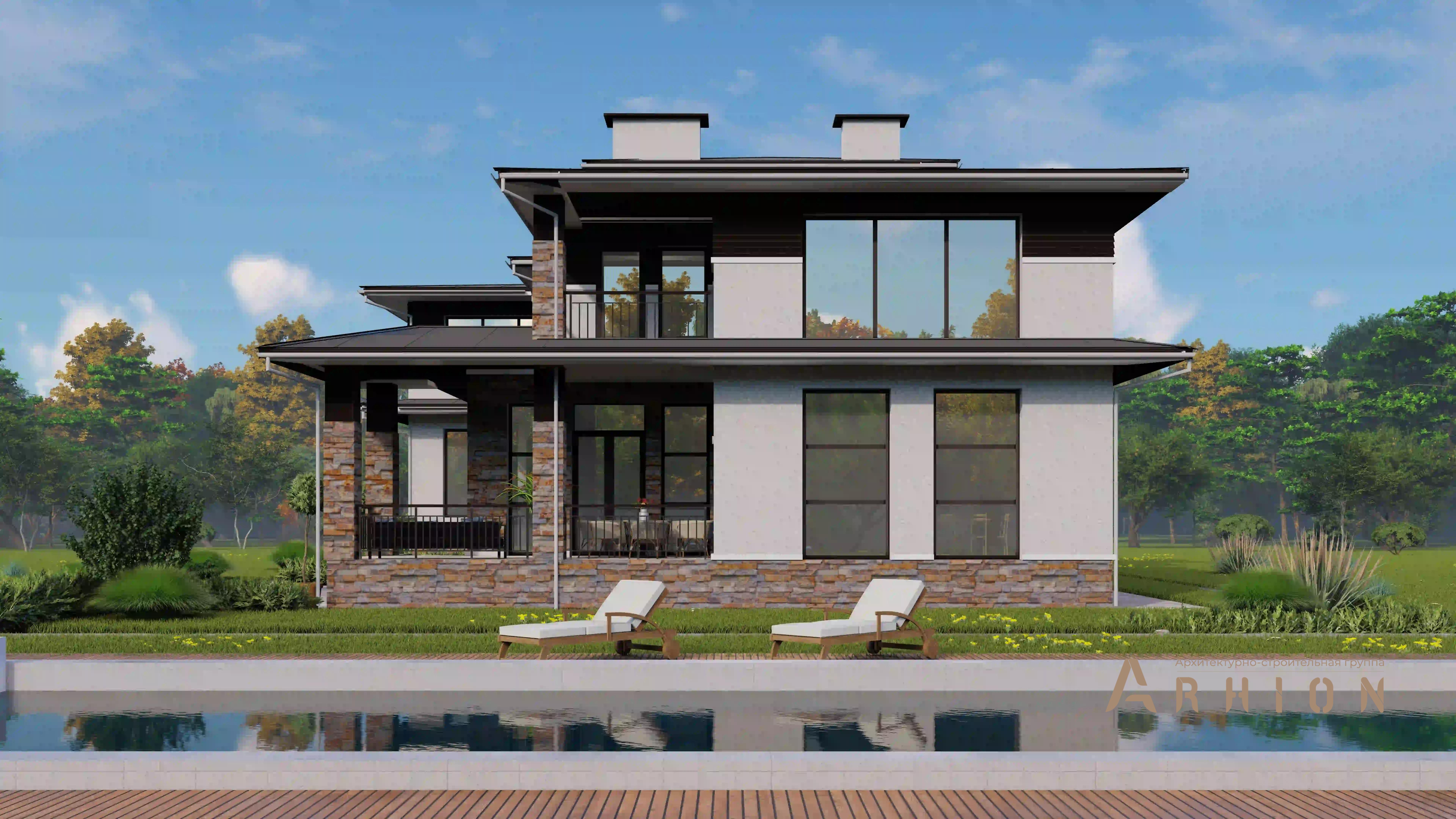 3. Проект трехэтажного дома в стиле Ллойда Райта (прерий) с четырехскатной, H-1307, площадью - 550 кв c сауной, бассейном