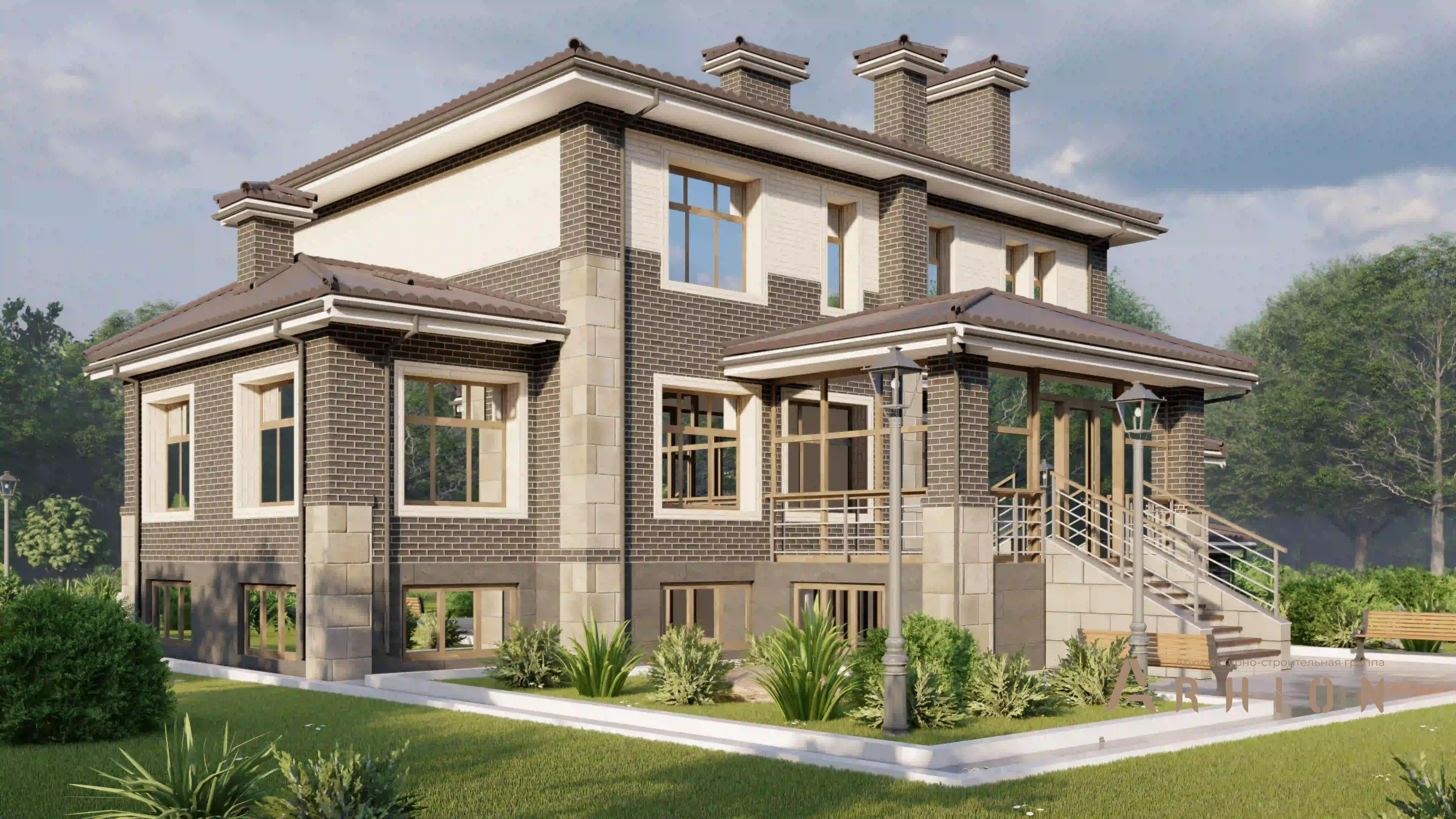 4. Проект двухэтажного дома в стиле Ллойда Райта (прерий) с многоскатной кровлей, H-1308, площадью - 489 кв c цокольным этажом