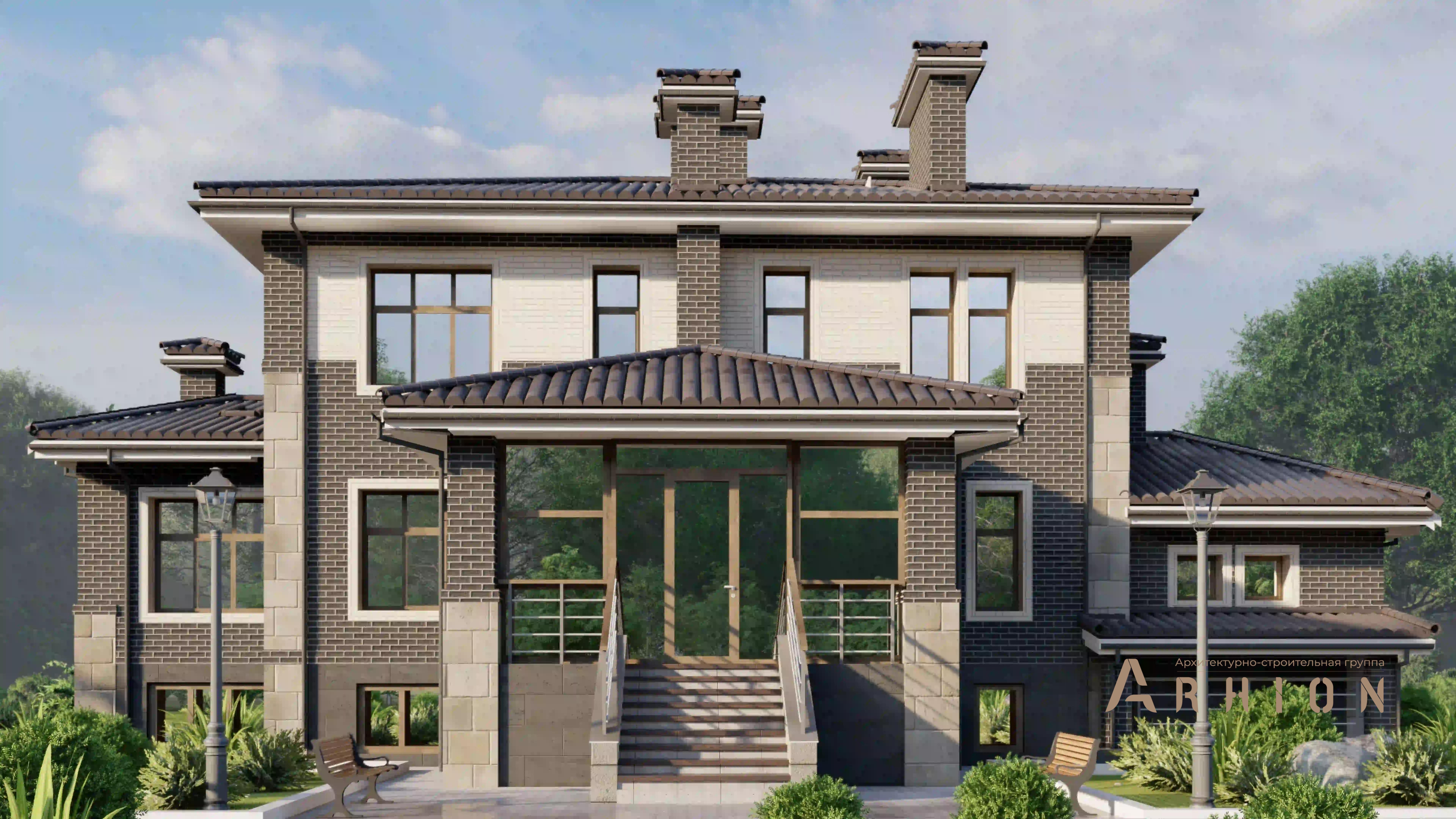 3. Проект двухэтажного дома в стиле Ллойда Райта (прерий) с многоскатной кровлей, H-1308, площадью - 489 кв c цокольным этажом