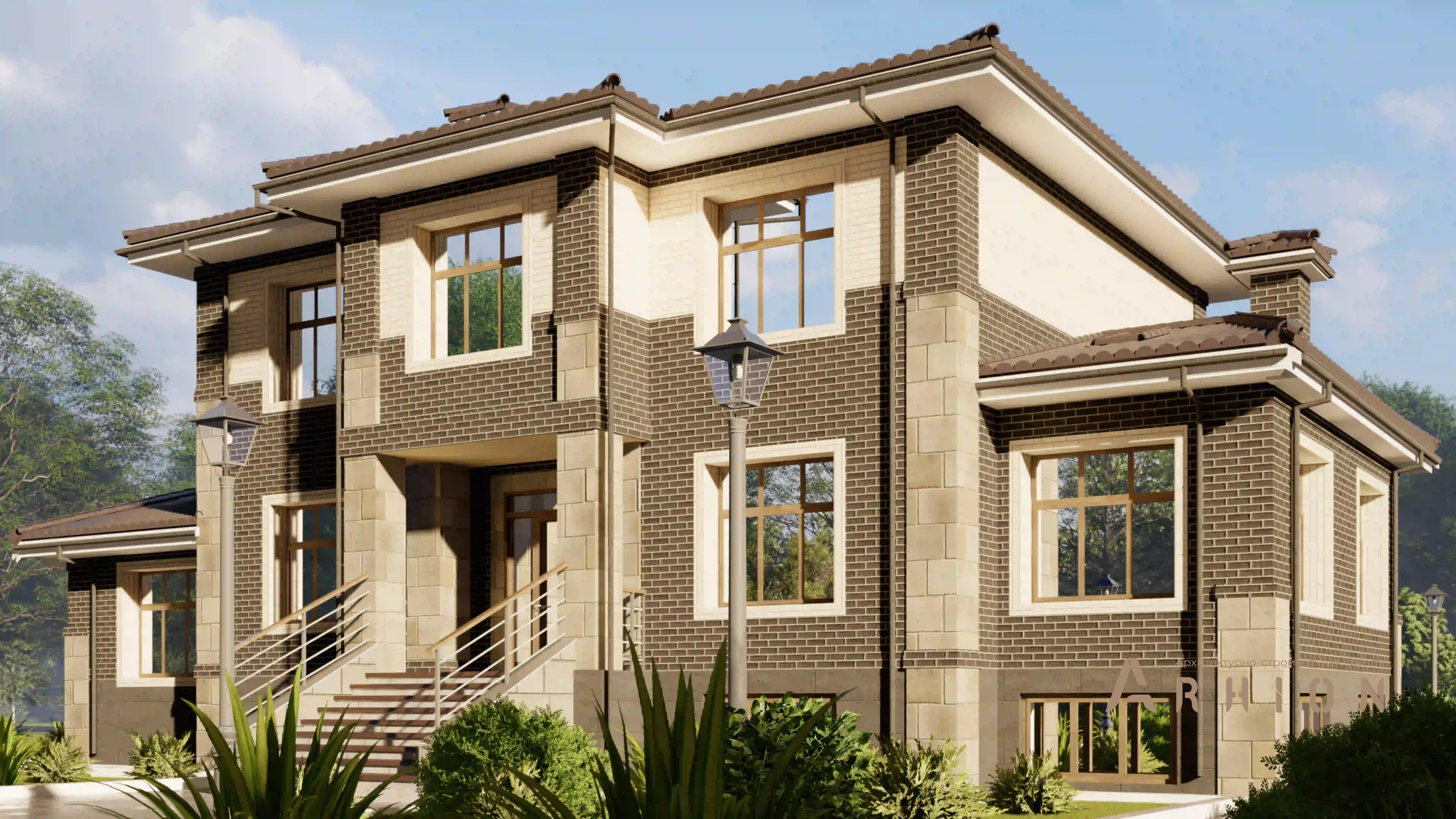 5. Проект двухэтажного дома в стиле Ллойда Райта (прерий) с многоскатной кровлей, H-1308, площадью - 489 кв c цокольным этажом