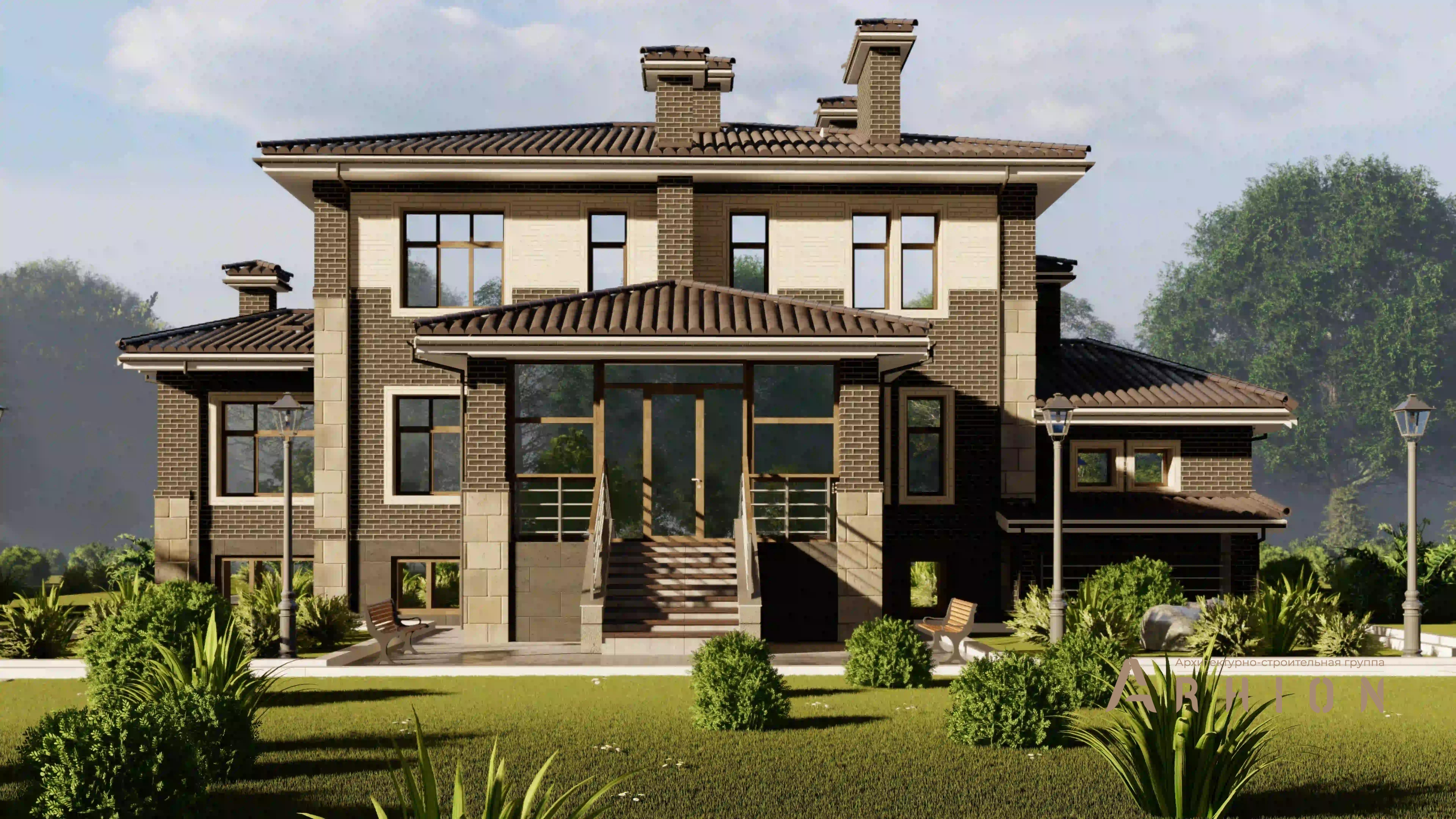 1. Проект двухэтажного дома в стиле Ллойда Райта (прерий) с многоскатной кровлей, H-1308, площадью - 489 кв c цокольным этажом