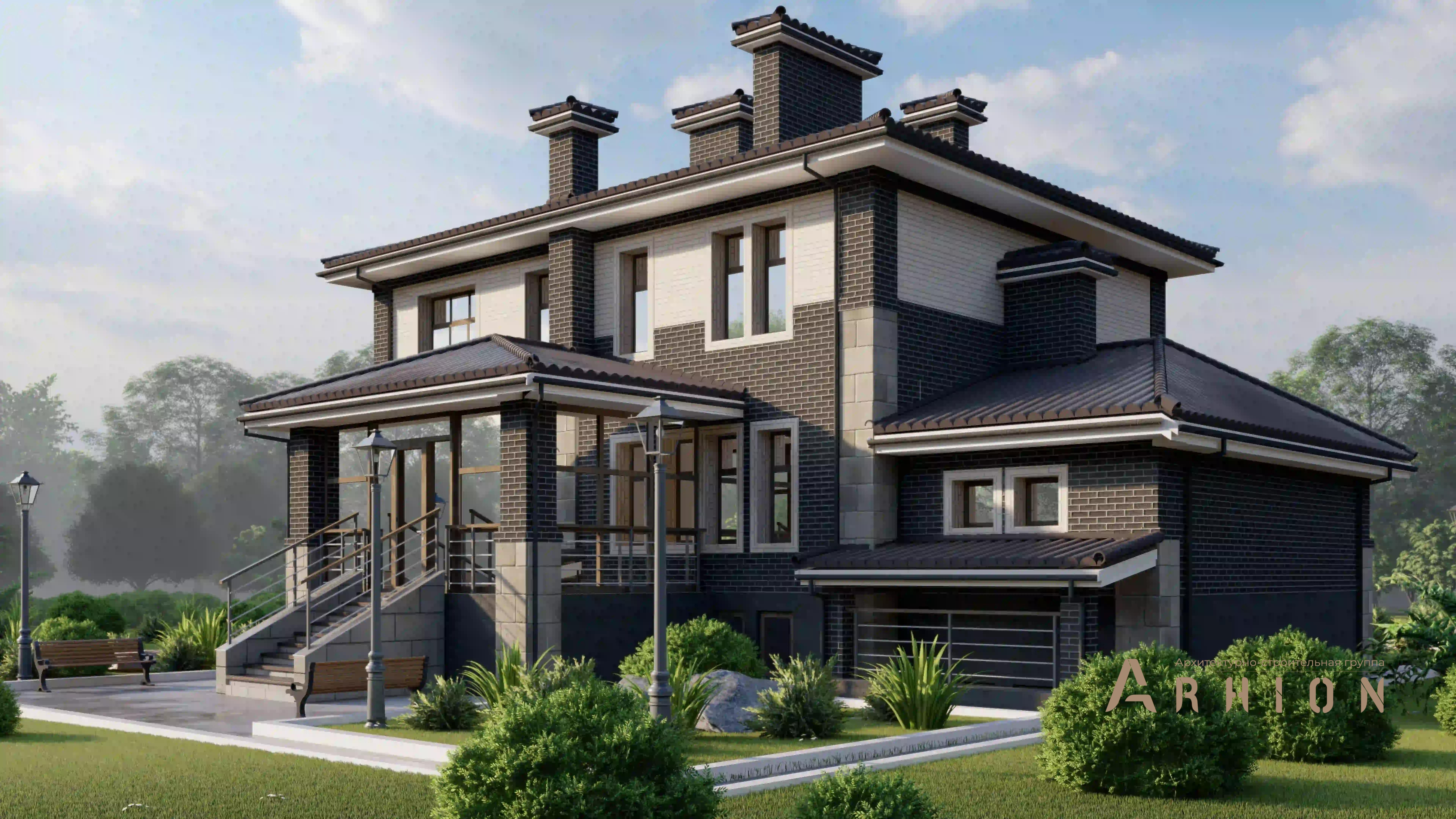 2. Проект двухэтажного дома в стиле Ллойда Райта (прерий) с многоскатной кровлей, H-1308, площадью - 489 кв c цокольным этажом