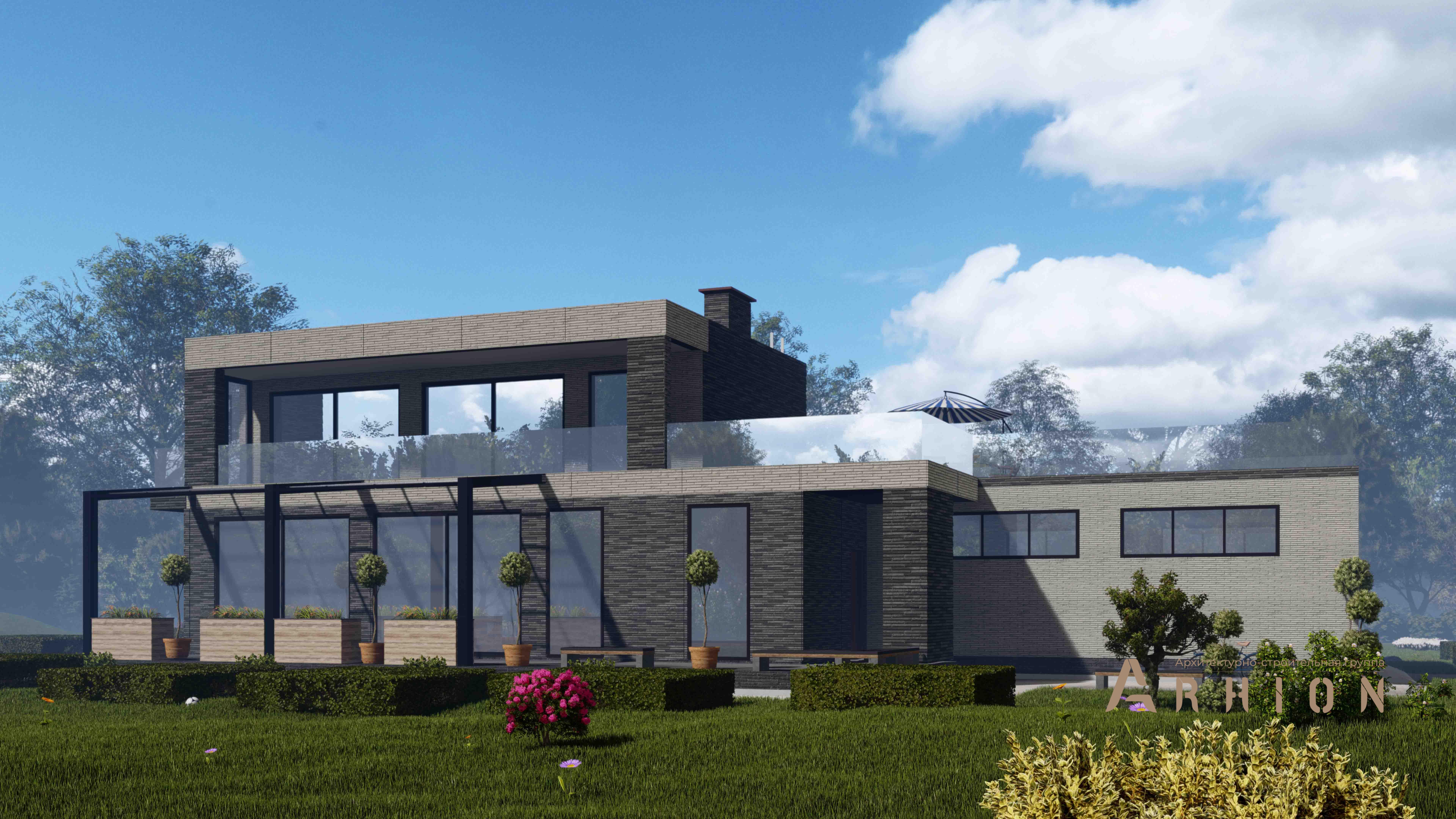 1. Проект двухэтажного дома в стиле хай-тек с плоской кровлей , H-1401, площадью - 444 кв c терассой, балконом, гаражом