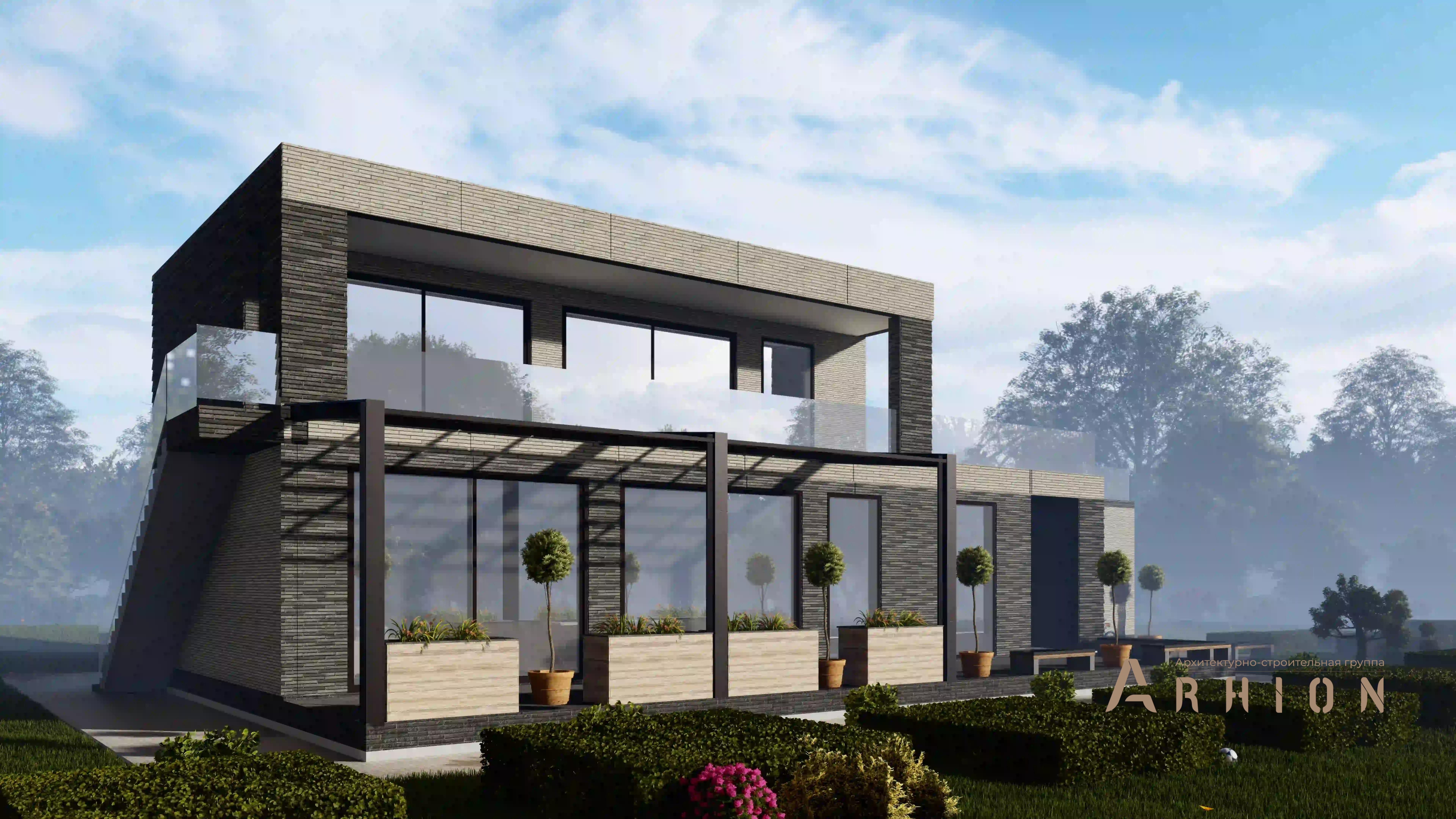 2. Проект двухэтажного дома в стиле хай-тек с плоской кровлей , H-1401, площадью - 444 кв c терассой, балконом, гаражом