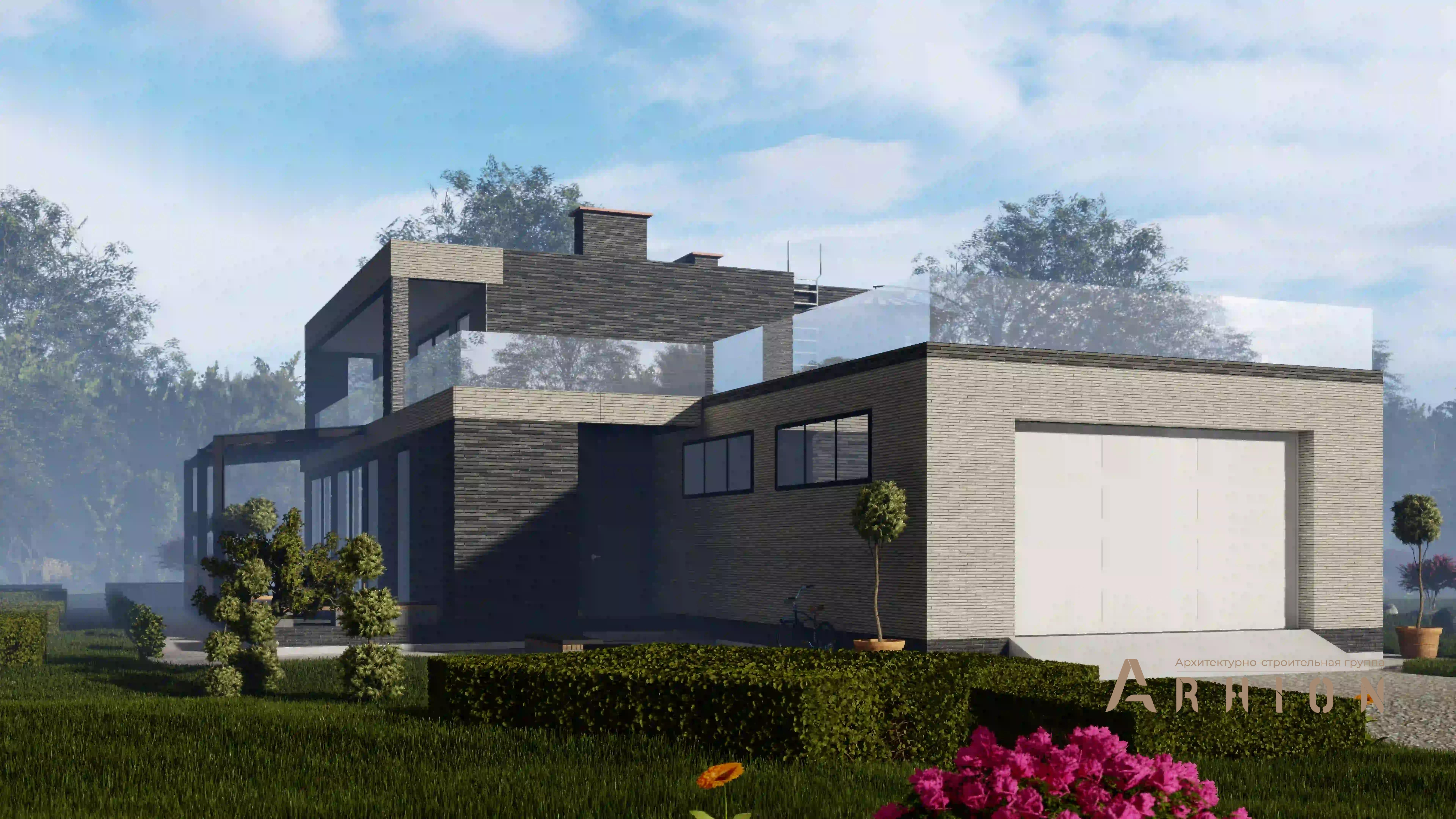 3. Проект двухэтажного дома в стиле хай-тек с плоской кровлей , H-1401, площадью - 444 кв c терассой, балконом, гаражом