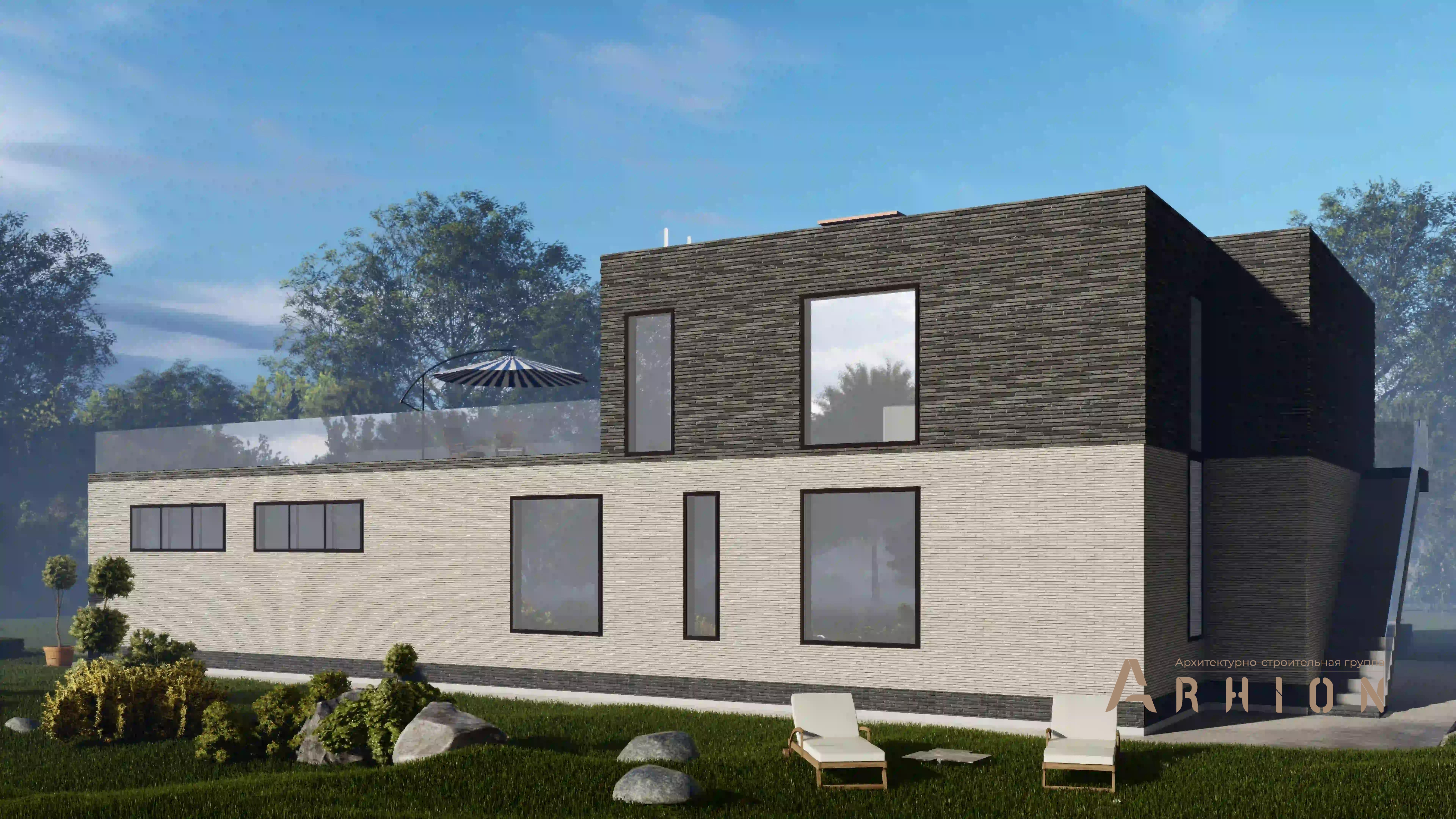 4. Проект двухэтажного дома в стиле хай-тек с плоской кровлей , H-1401, площадью - 444 кв c терассой, балконом, гаражом