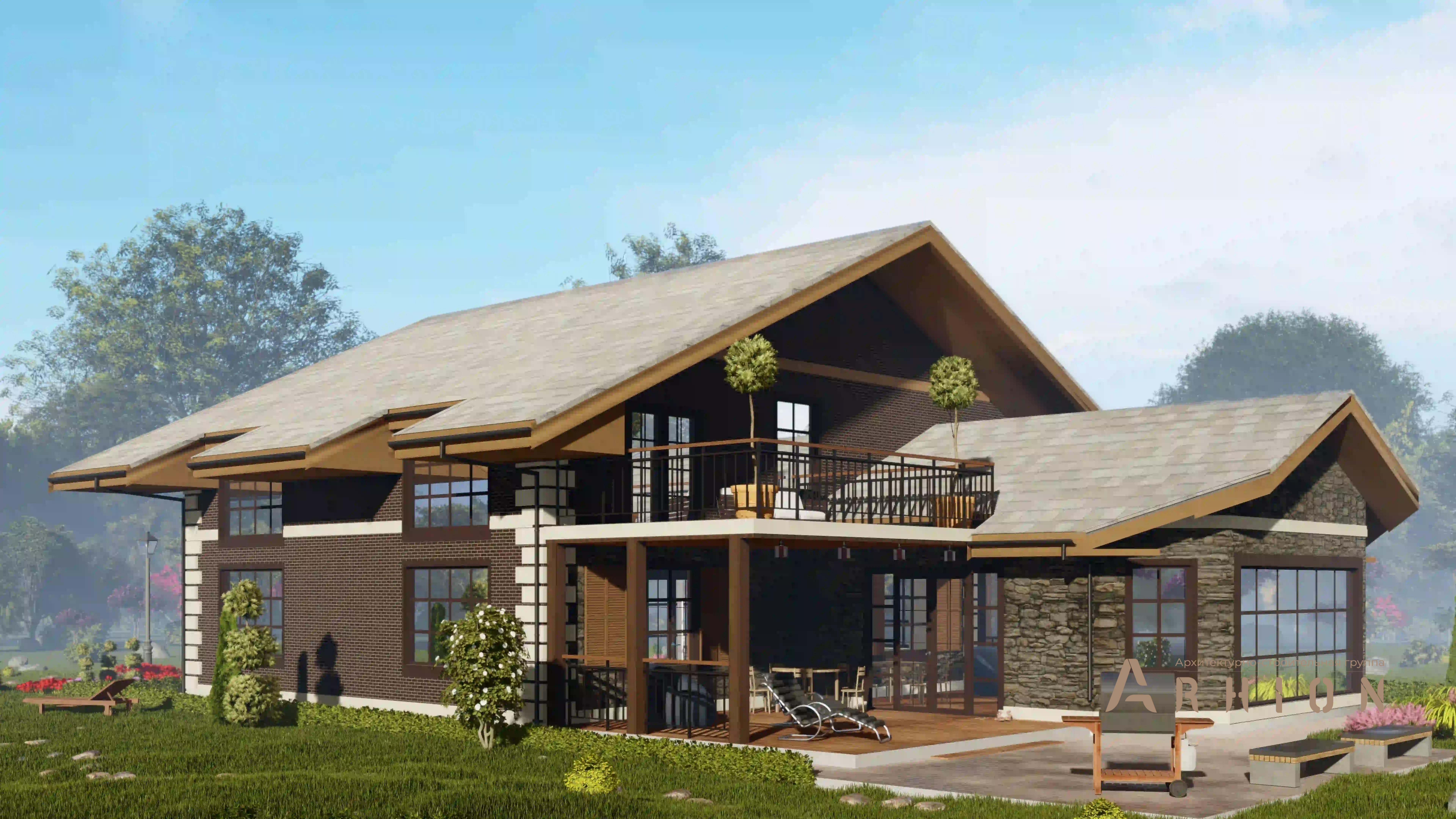 1. Проект двухэтажного дома в стиле шале с двускатной кровлей, H-1403, площадью - 397 кв c терассой, балконом