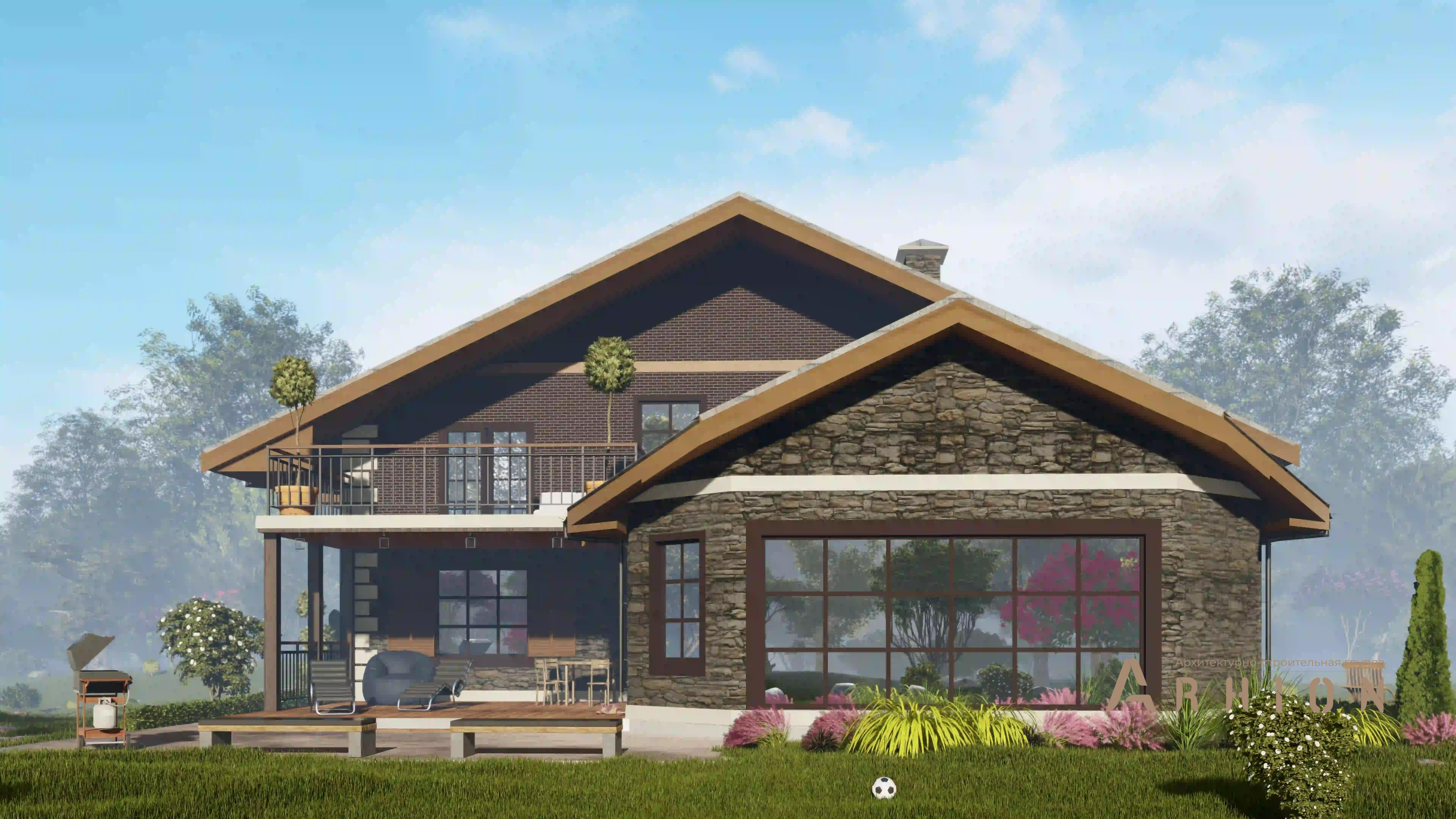 2. Проект двухэтажного дома в стиле шале с двускатной кровлей, H-1403, площадью - 397 кв c терассой, балконом