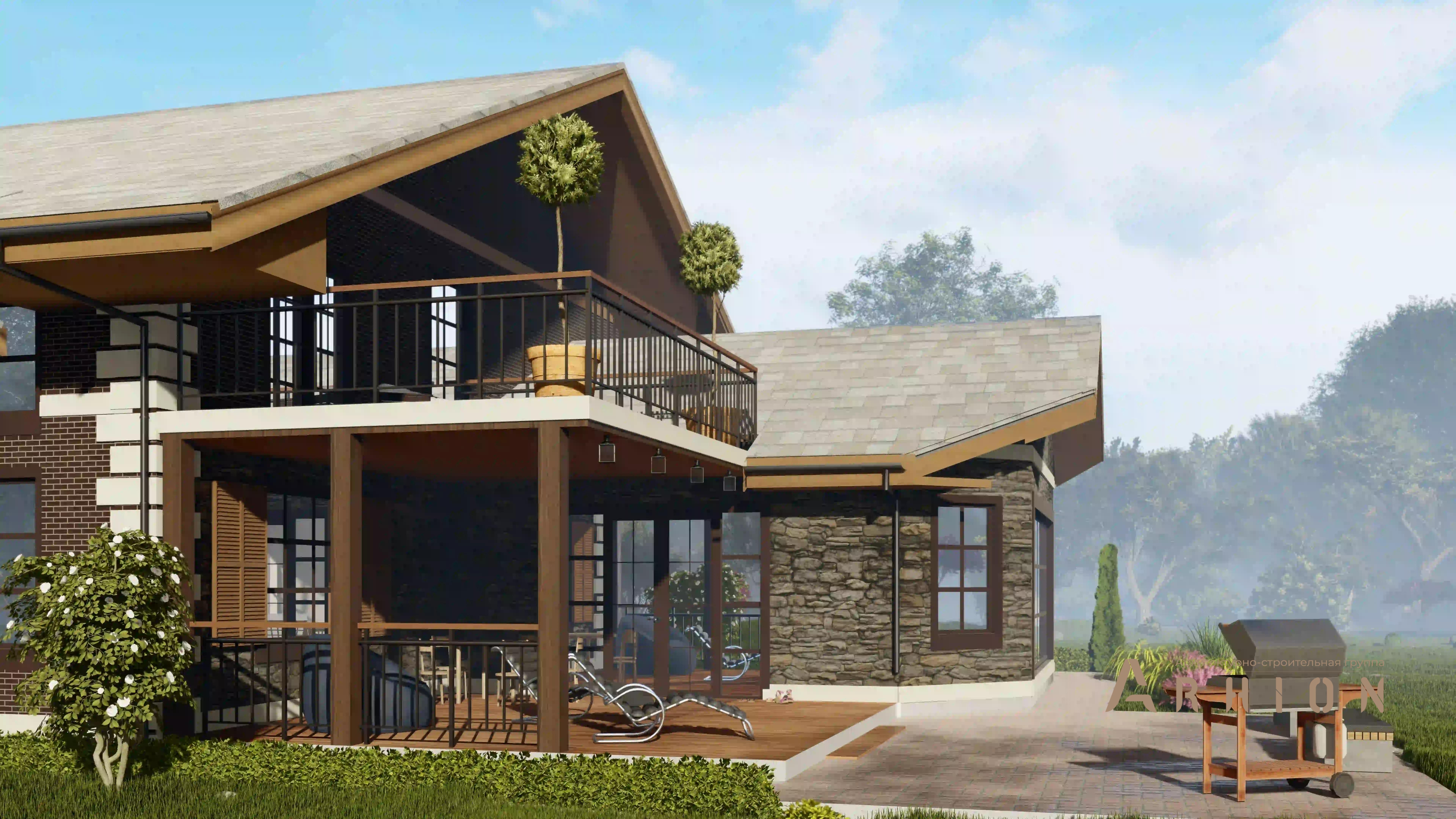 3. Проект двухэтажного дома в стиле шале с двускатной кровлей, H-1403, площадью - 397 кв c терассой, балконом