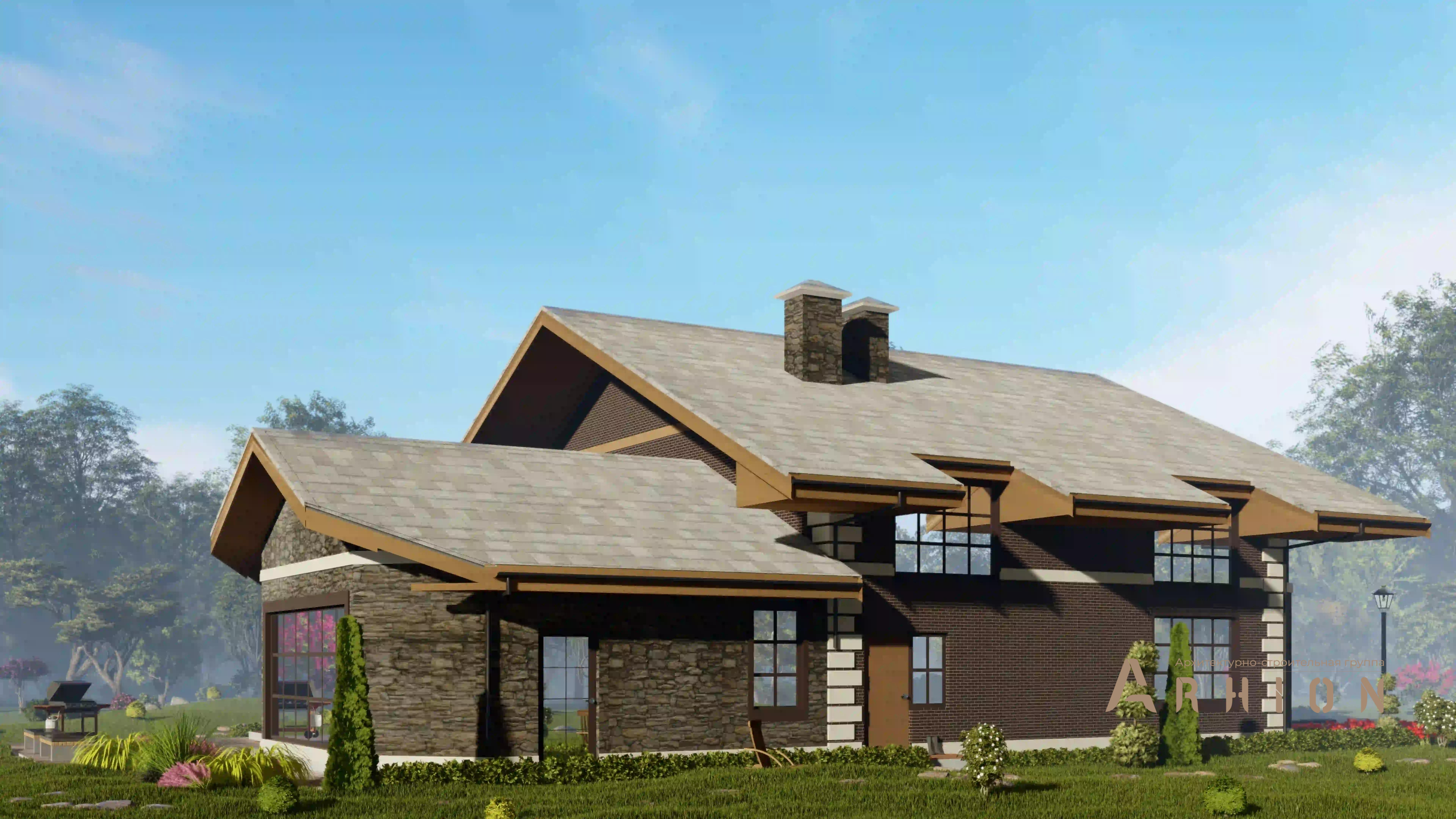 4. Проект двухэтажного дома в стиле шале с двускатной кровлей, H-1403, площадью - 397 кв c терассой, балконом