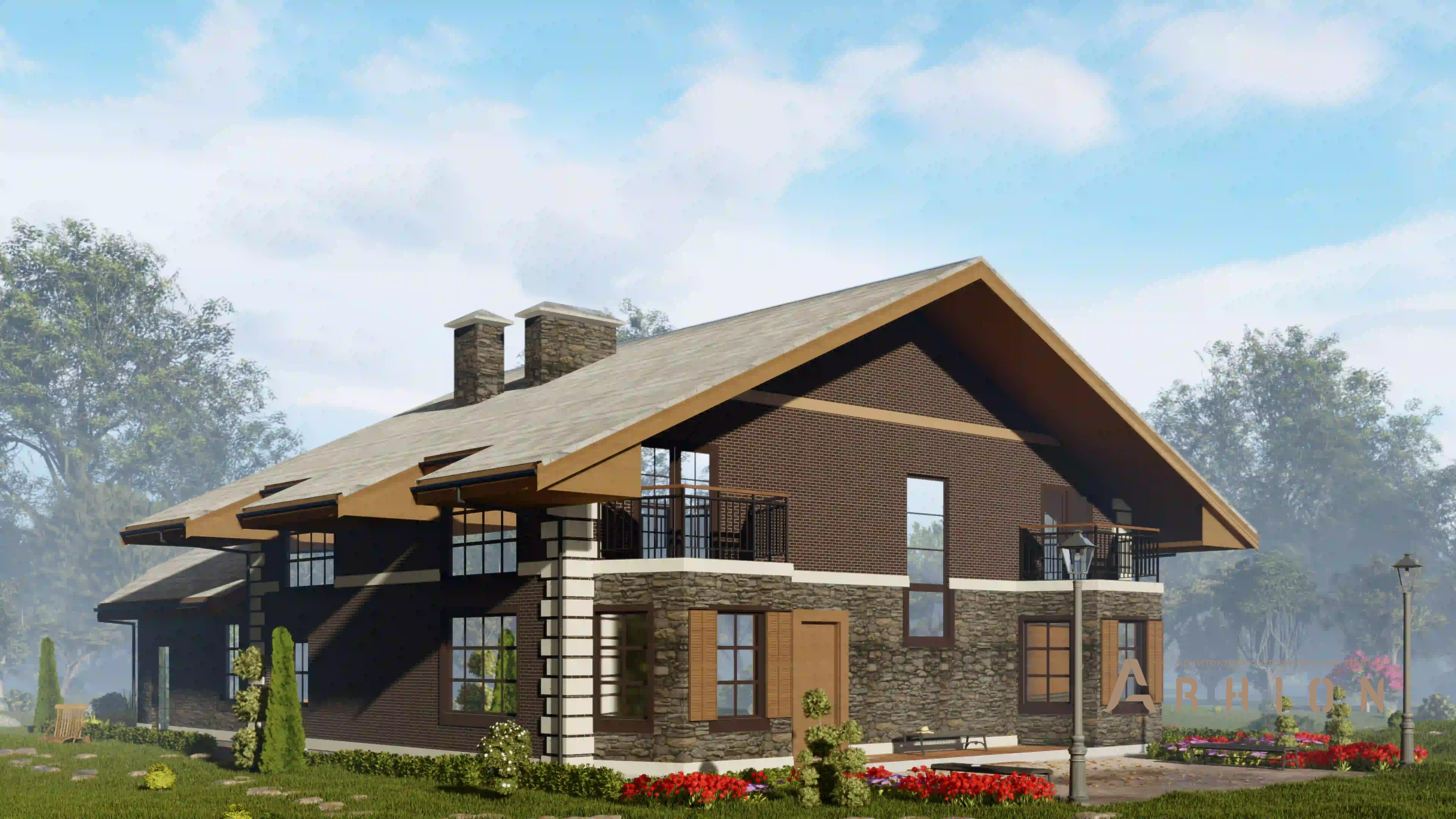 5. Проект двухэтажного дома в стиле шале с двускатной кровлей, H-1403, площадью - 397 кв c терассой, балконом