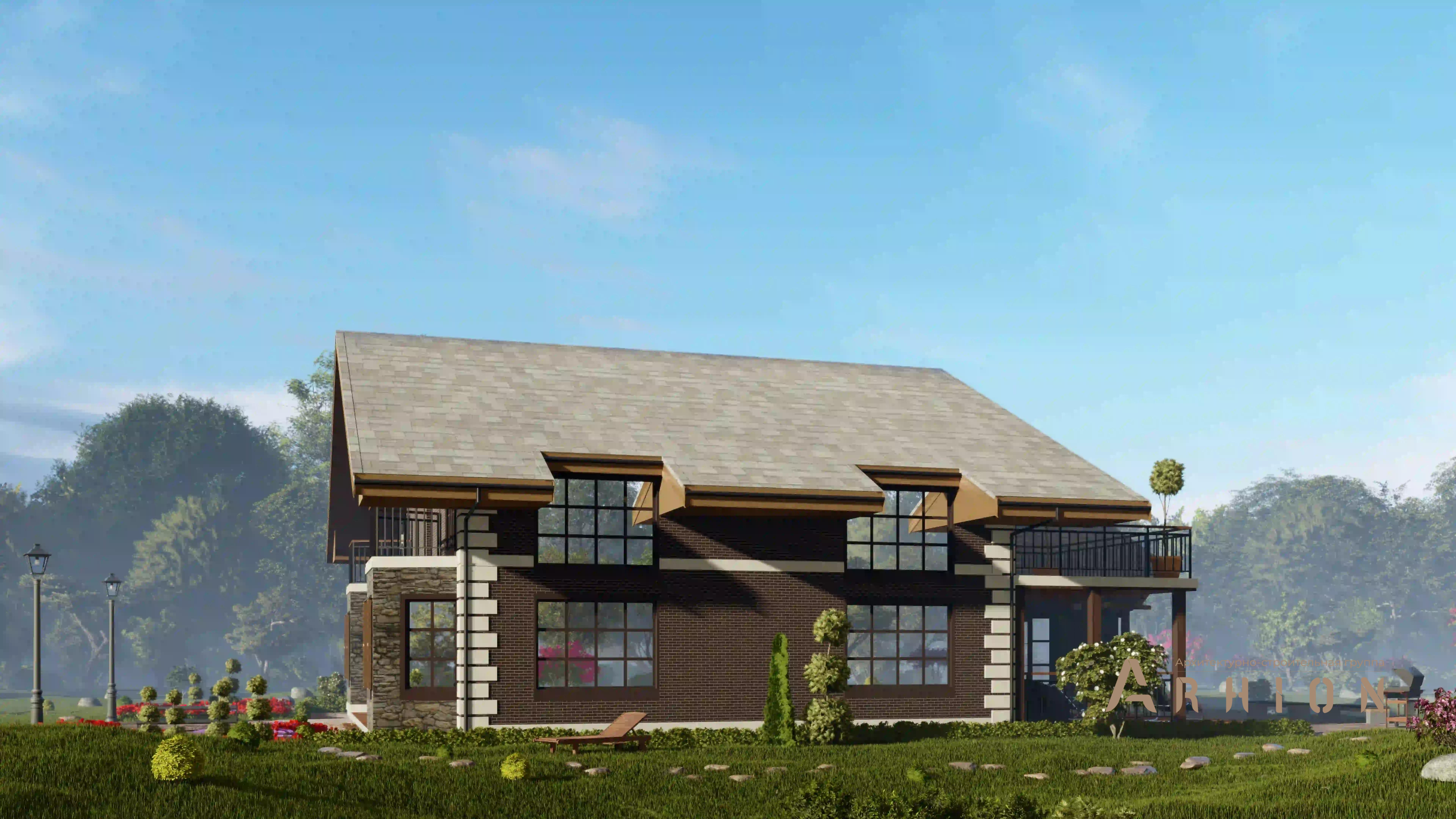 6. Проект двухэтажного дома в стиле шале с двускатной кровлей, H-1403, площадью - 397 кв c терассой, балконом