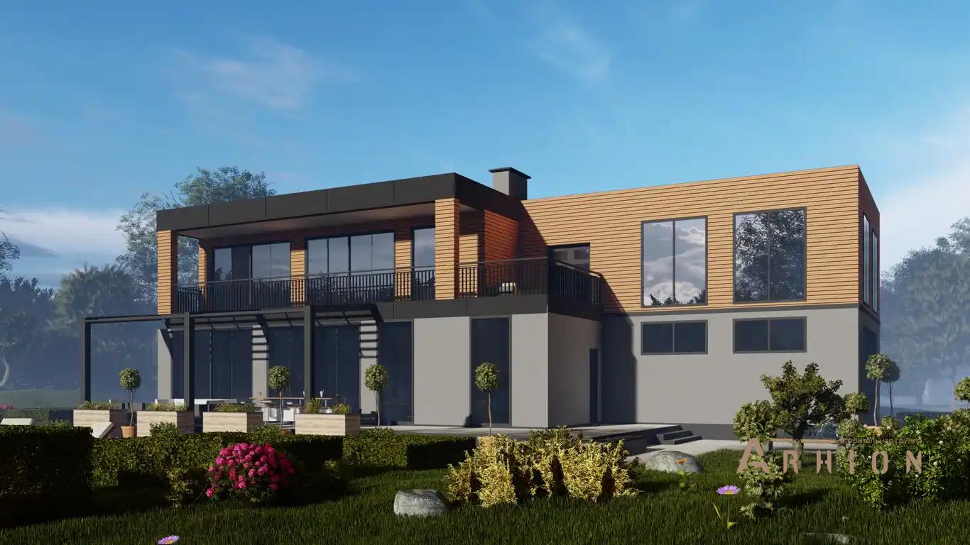 1. Проект двухэтажного дома в стиле хай-тек с плоской кровлей , H-1404, площадью - 365 кв c терассой, балконом, гаражом