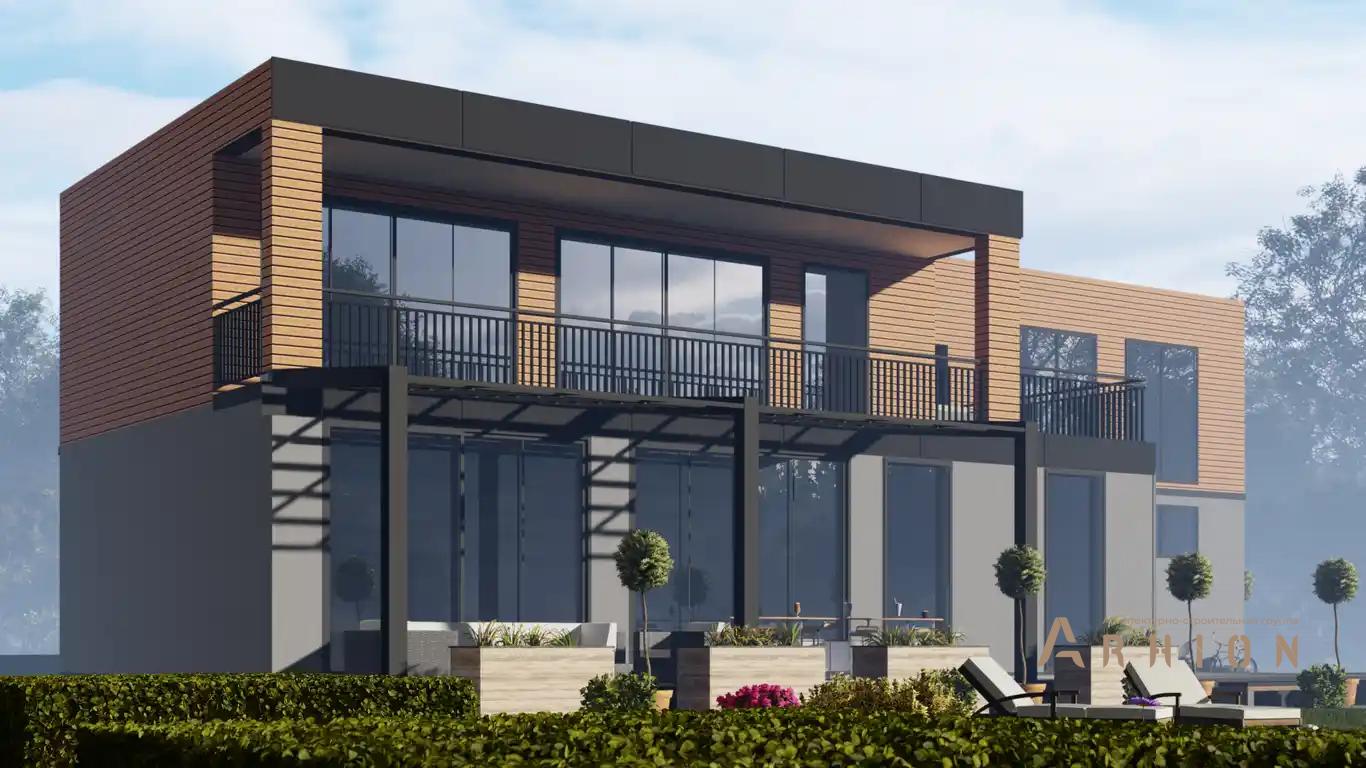 7. Проект двухэтажного дома в стиле хай-тек с плоской кровлей , H-1404, площадью - 365 кв c терассой, балконом, гаражом