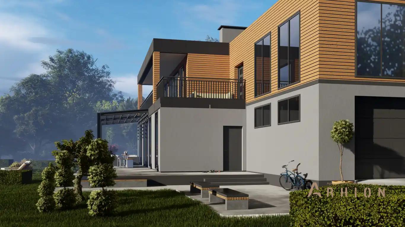 5. Проект двухэтажного дома в стиле хай-тек с плоской кровлей , H-1404, площадью - 365 кв c терассой, балконом, гаражом