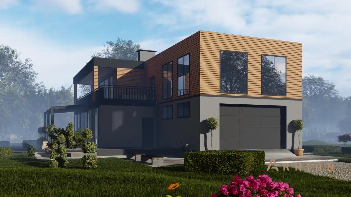 3. Проект двухэтажного дома в стиле хай-тек с плоской кровлей , H-1404, площадью - 365 кв c терассой, балконом, гаражом