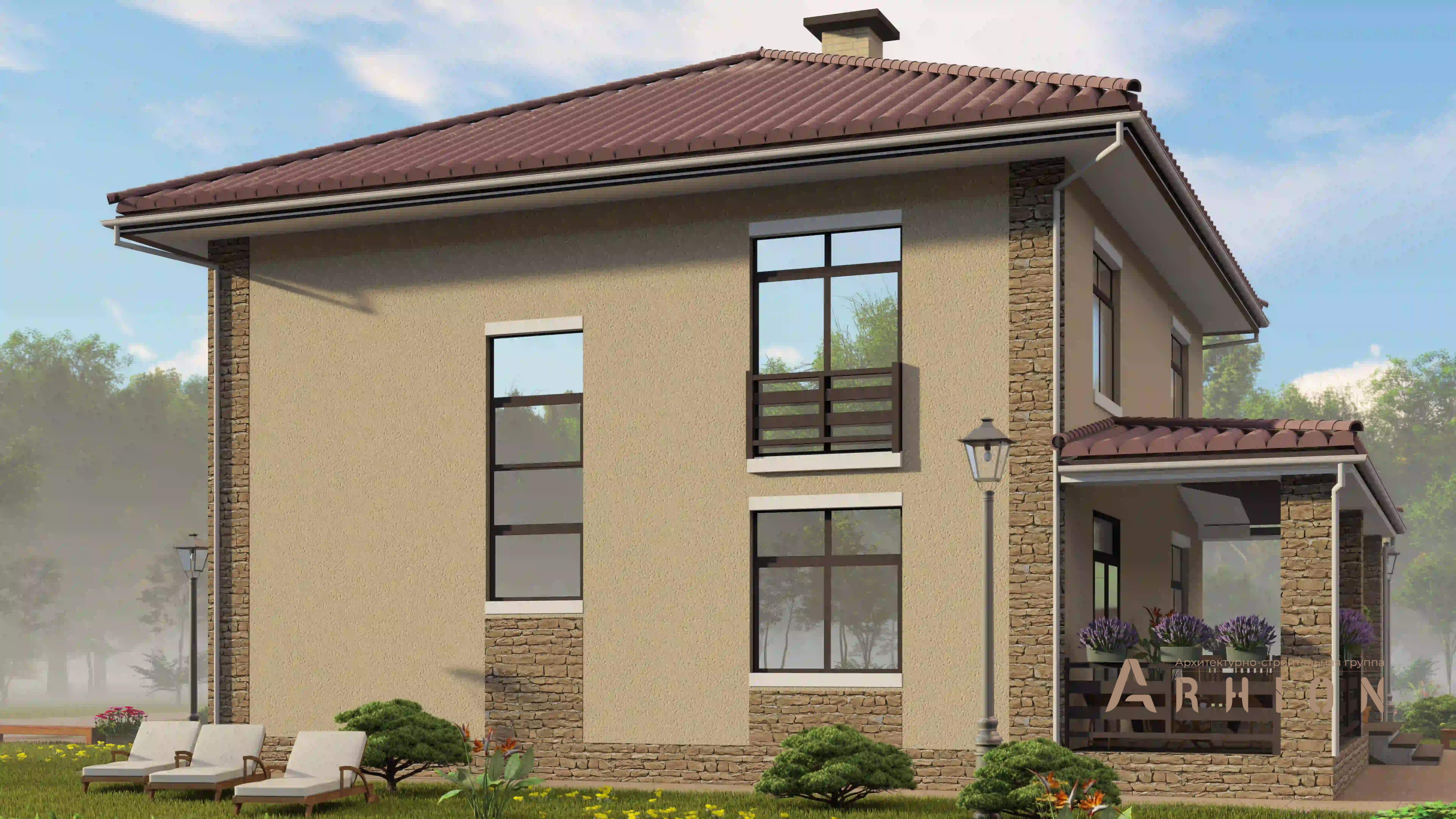 2. Проект двухэтажного дома в современном стиле с четырехскатной, H-1406, площадью - 174 кв c терассой, балконом