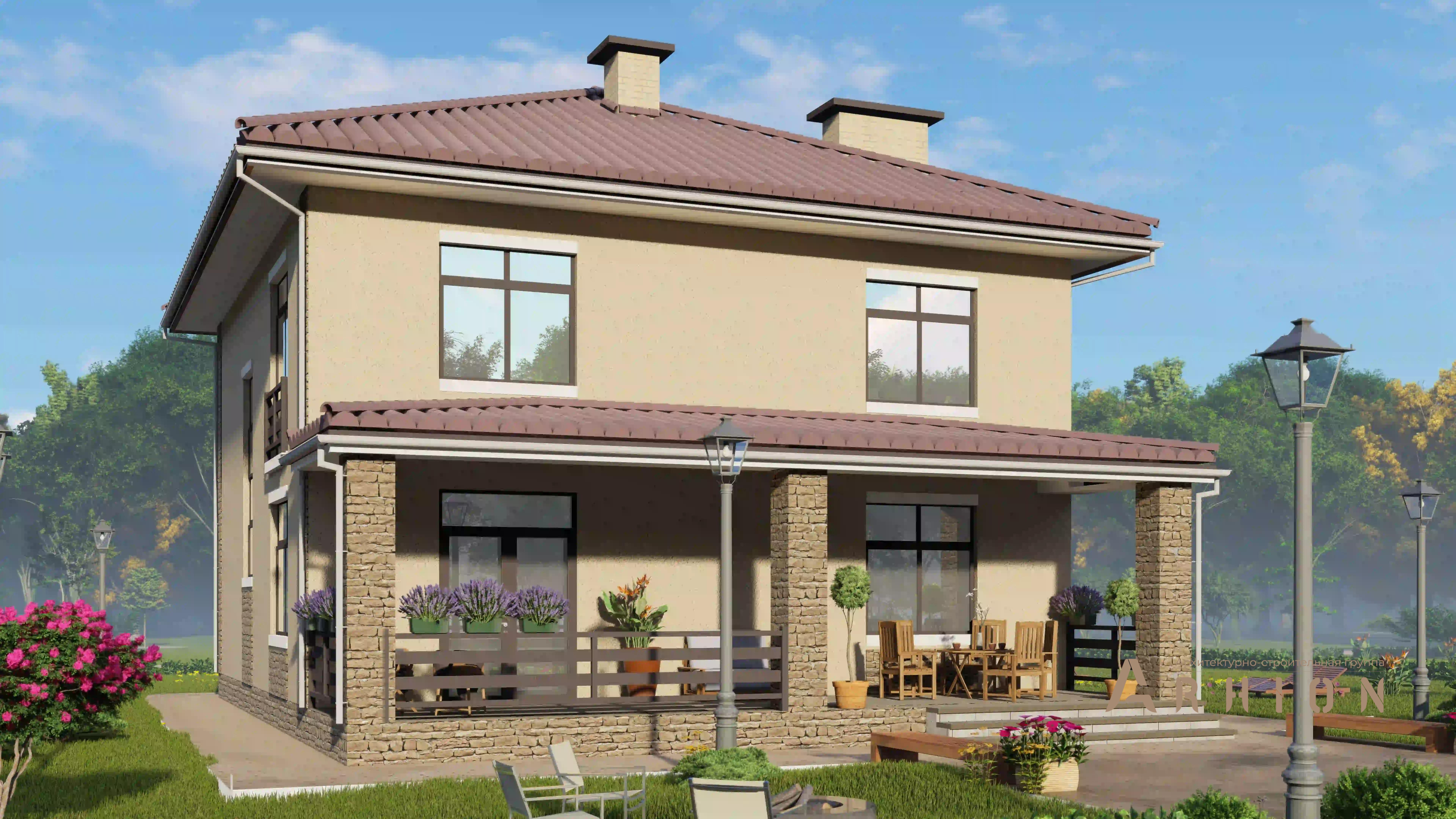 4. Проект двухэтажного дома в современном стиле с четырехскатной, H-1406, площадью - 174 кв c терассой, балконом