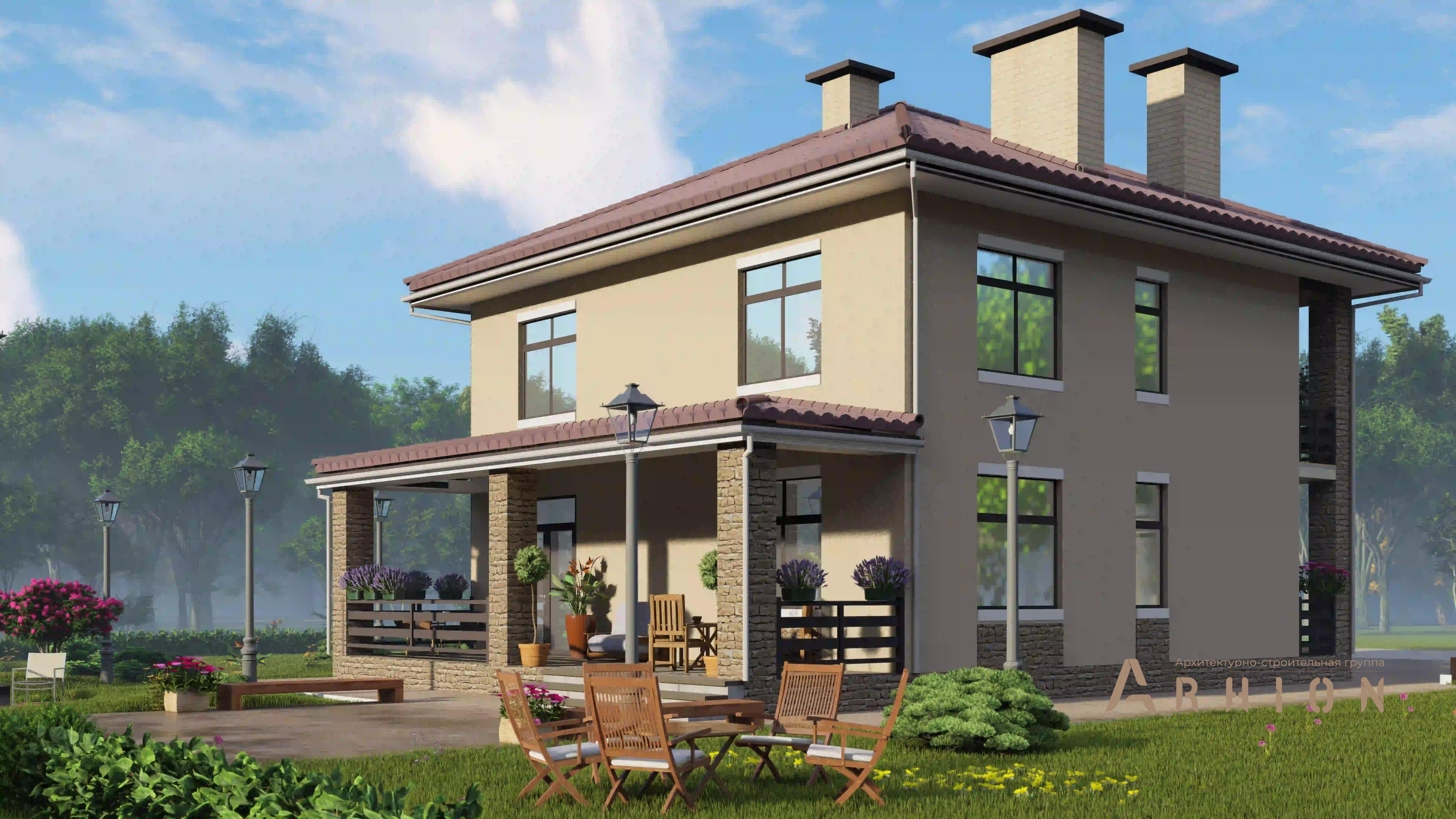 3. Проект двухэтажного дома в современном стиле с четырехскатной, H-1406, площадью - 174 кв c терассой, балконом