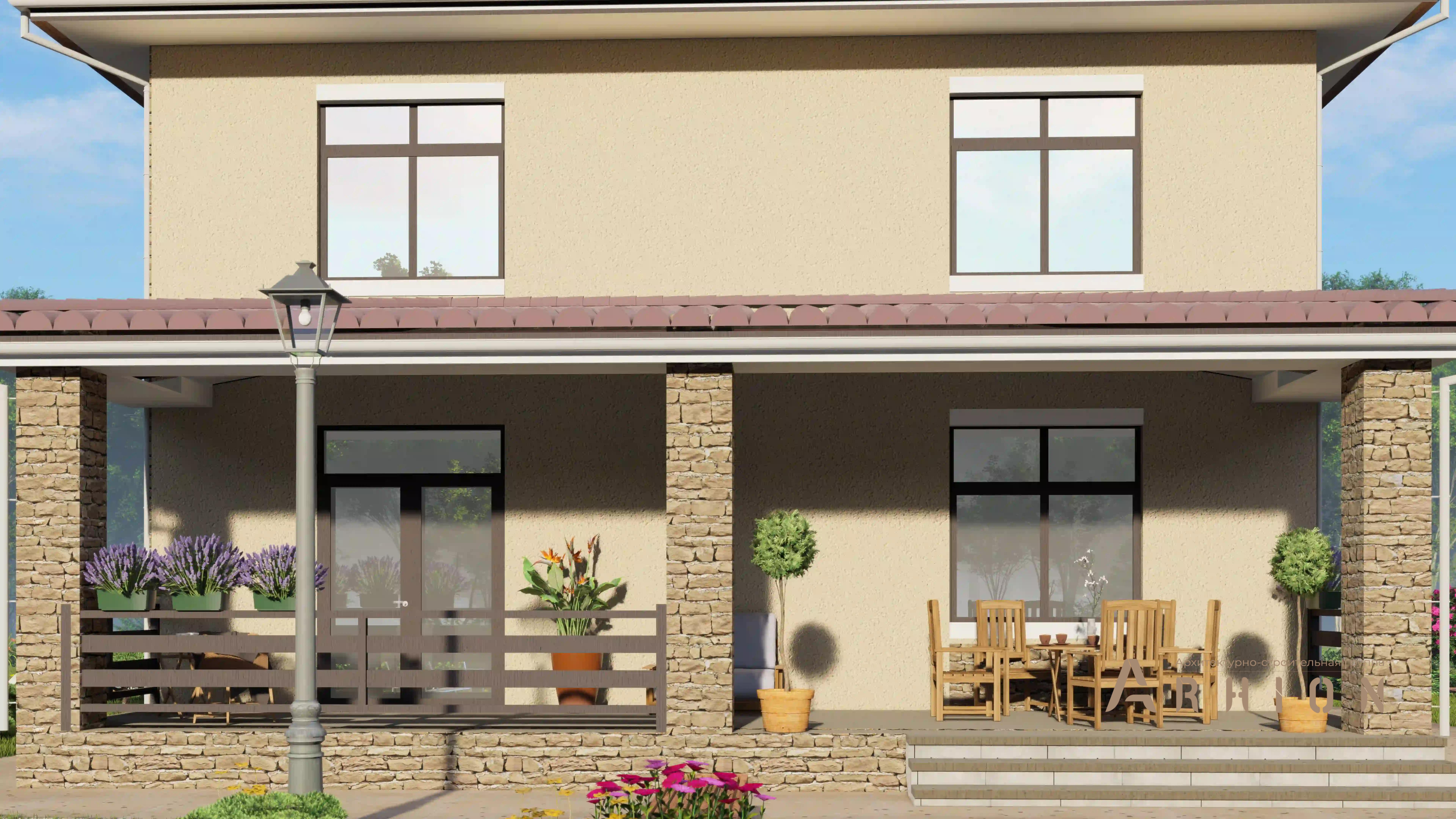 5. Проект двухэтажного дома в современном стиле с четырехскатной, H-1406, площадью - 174 кв c терассой, балконом