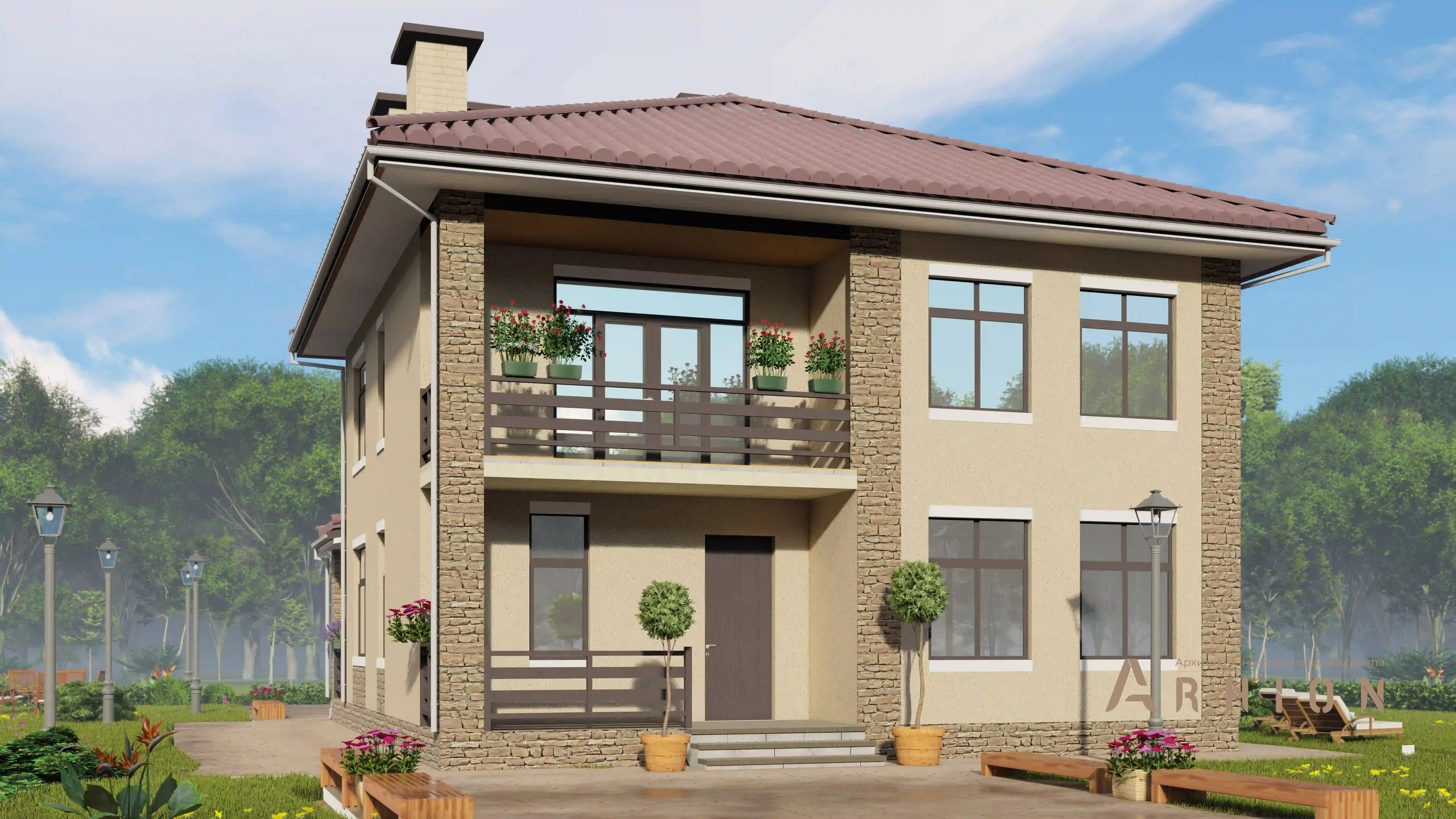 1. Проект двухэтажного дома в современном стиле с четырехскатной, H-1406, площадью - 174 кв c терассой, балконом