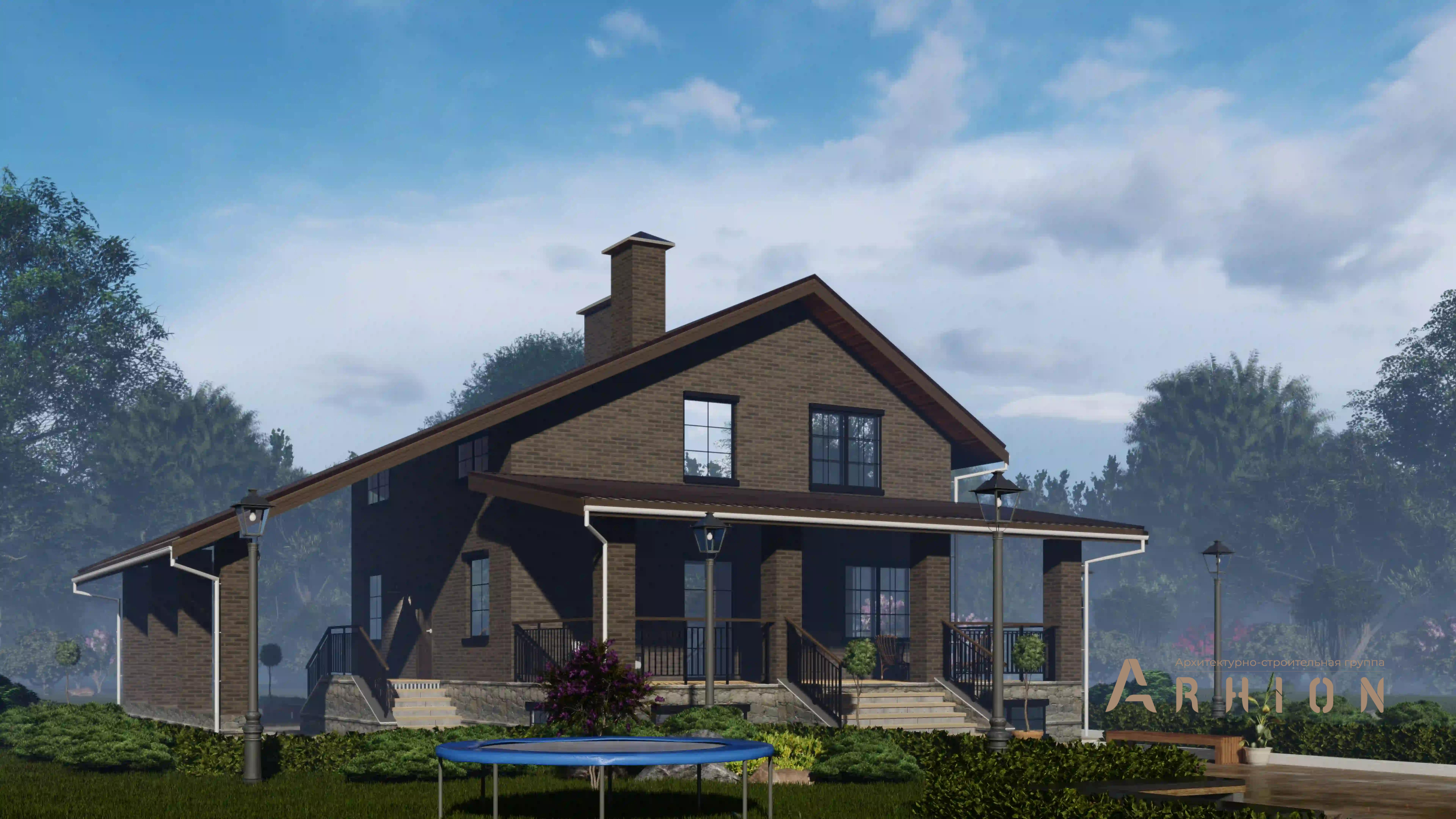 1. Проект двухэтажного дома в стиле шале с двускатной кровлей, H-1407, площадью - 328 кв c цокольным этажом, мансардой, терассой