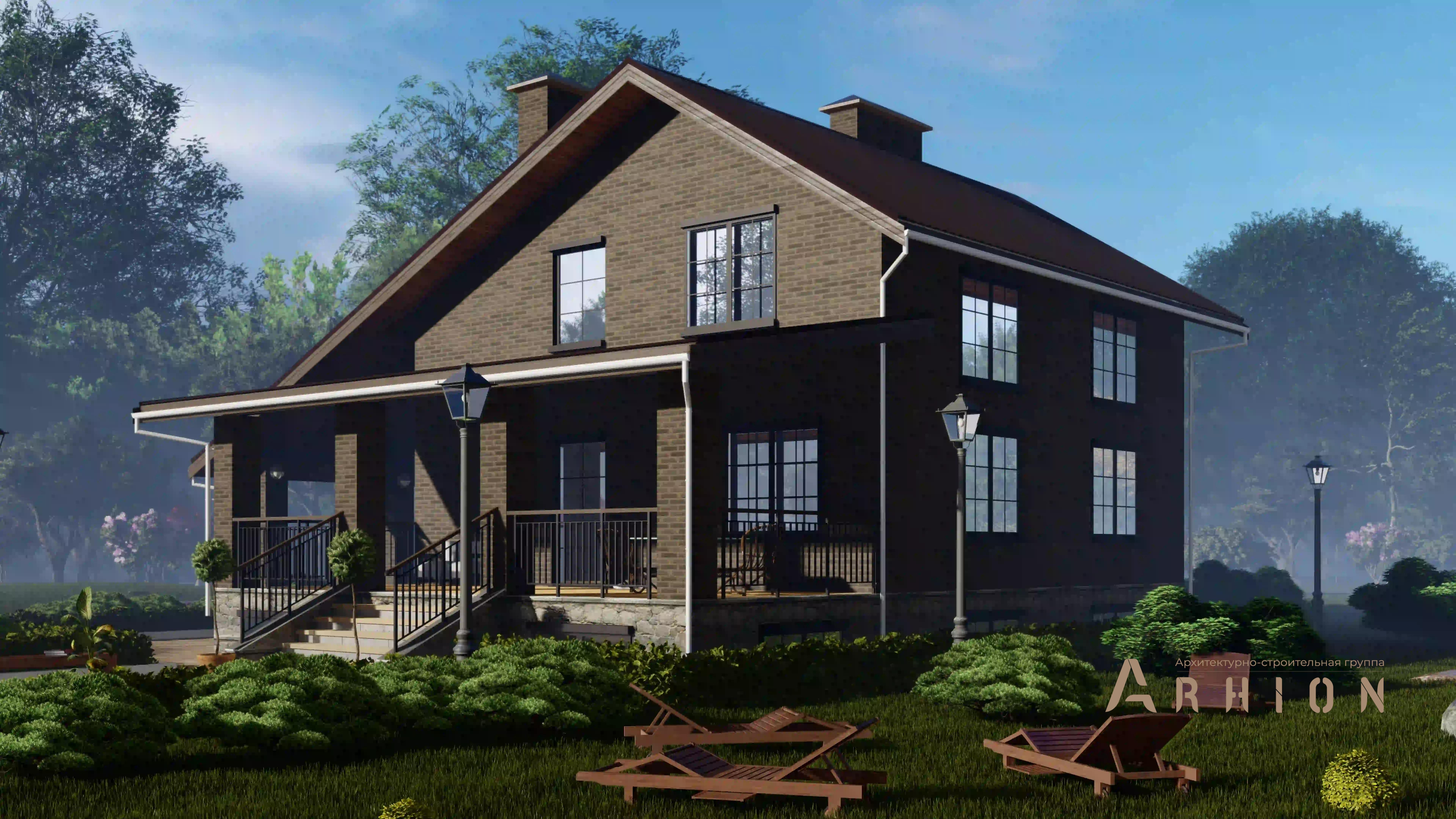 2. Проект двухэтажного дома в стиле шале с двускатной кровлей, H-1407, площадью - 328 кв c цокольным этажом, мансардой, терассой