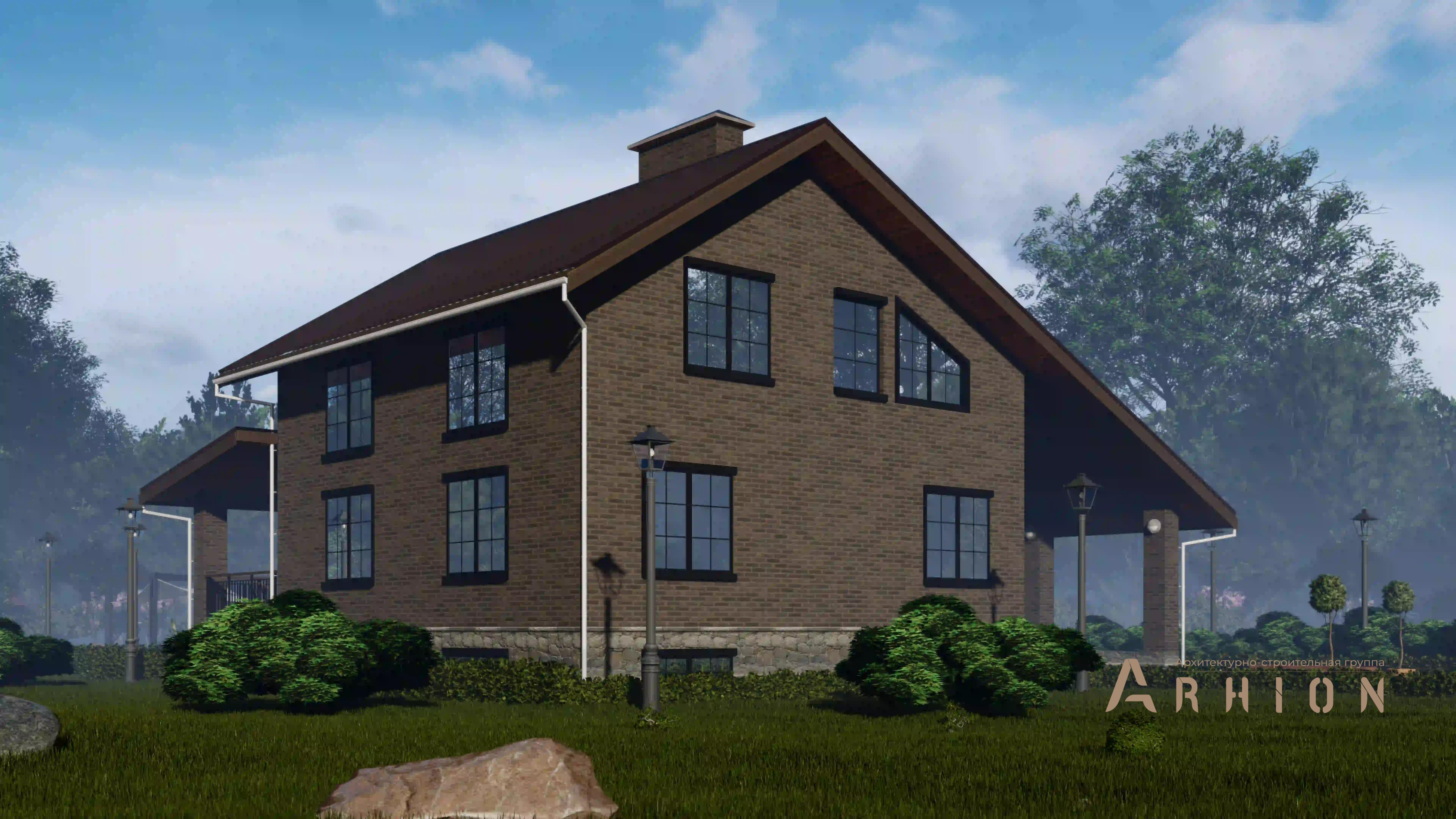 4. Проект двухэтажного дома в стиле шале с двускатной кровлей, H-1407, площадью - 328 кв c цокольным этажом, мансардой, терассой