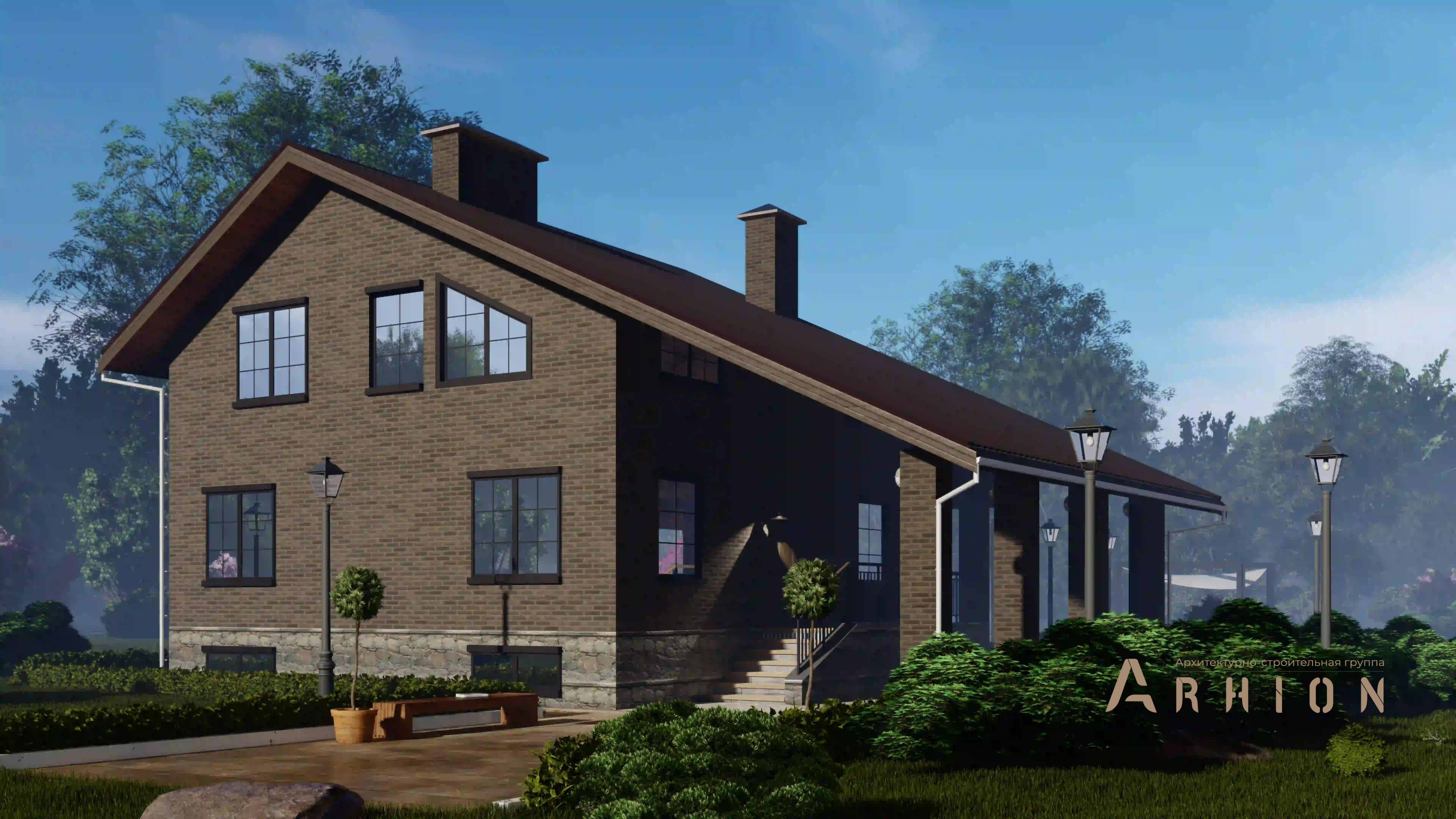 3. Проект двухэтажного дома в стиле шале с двускатной кровлей, H-1407, площадью - 328 кв c цокольным этажом, мансардой, терассой