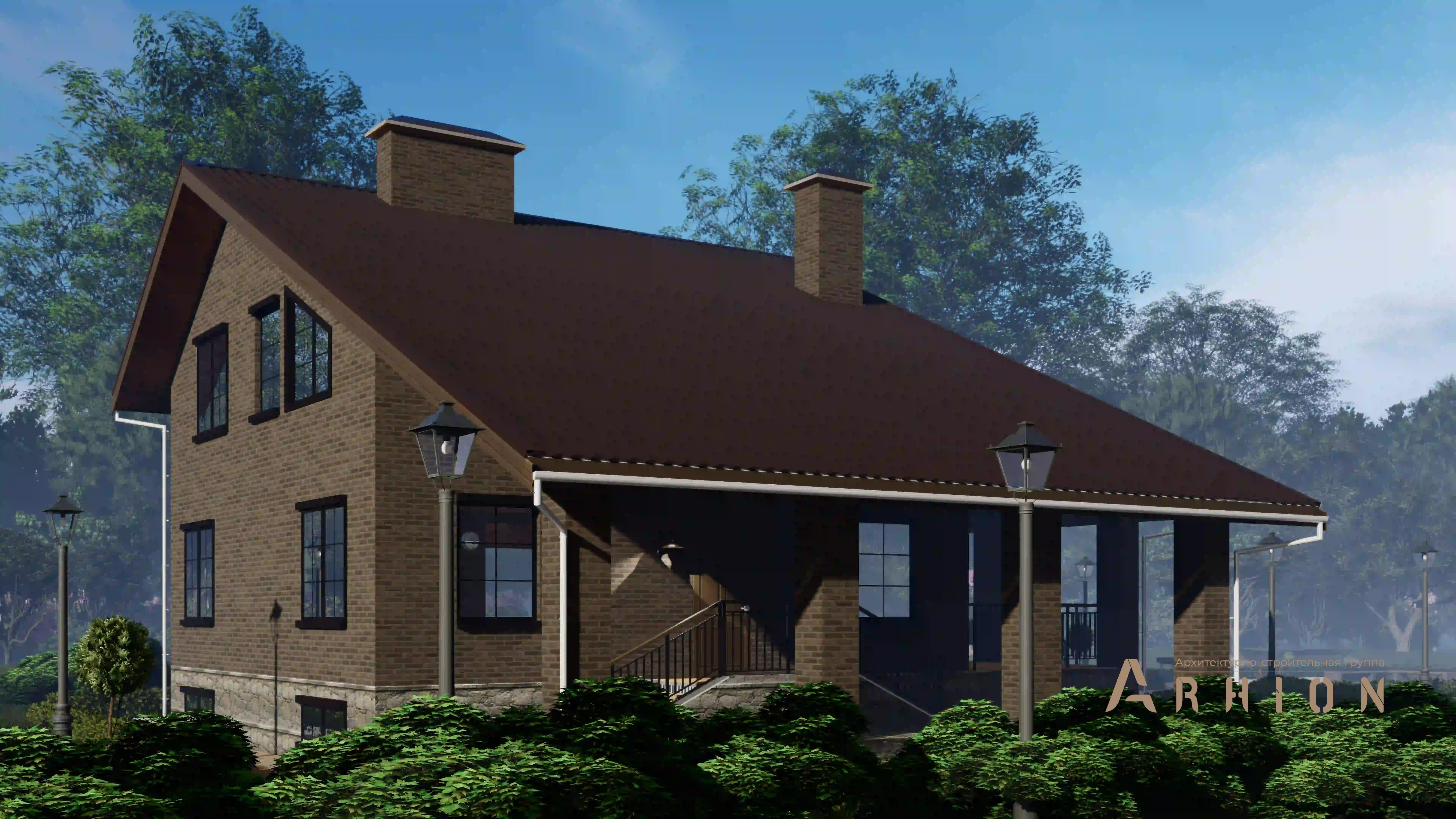 5. Проект двухэтажного дома в стиле шале с двускатной кровлей, H-1407, площадью - 328 кв c цокольным этажом, мансардой, терассой