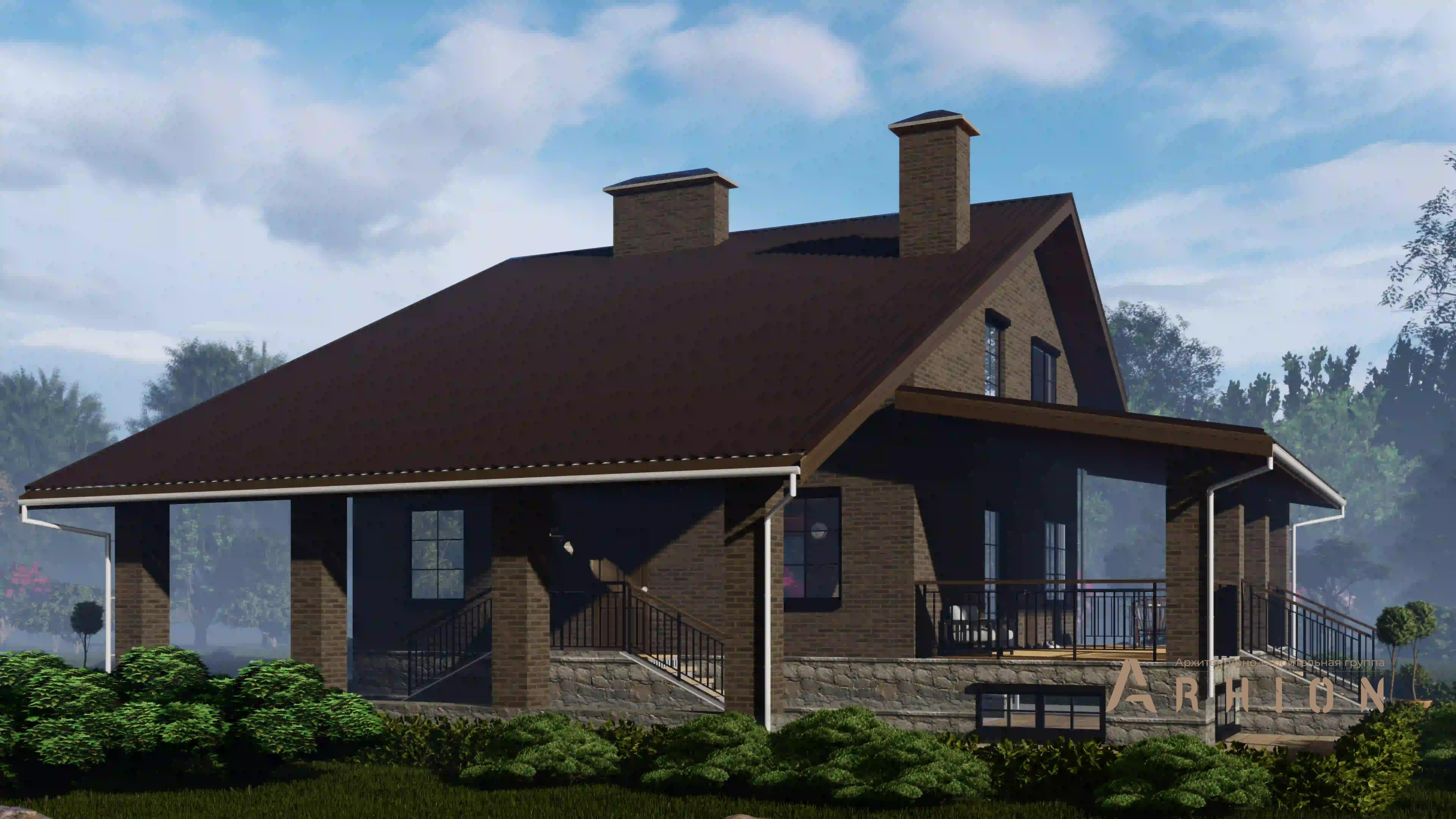 6. Проект двухэтажного дома в стиле шале с двускатной кровлей, H-1407, площадью - 328 кв c цокольным этажом, мансардой, терассой