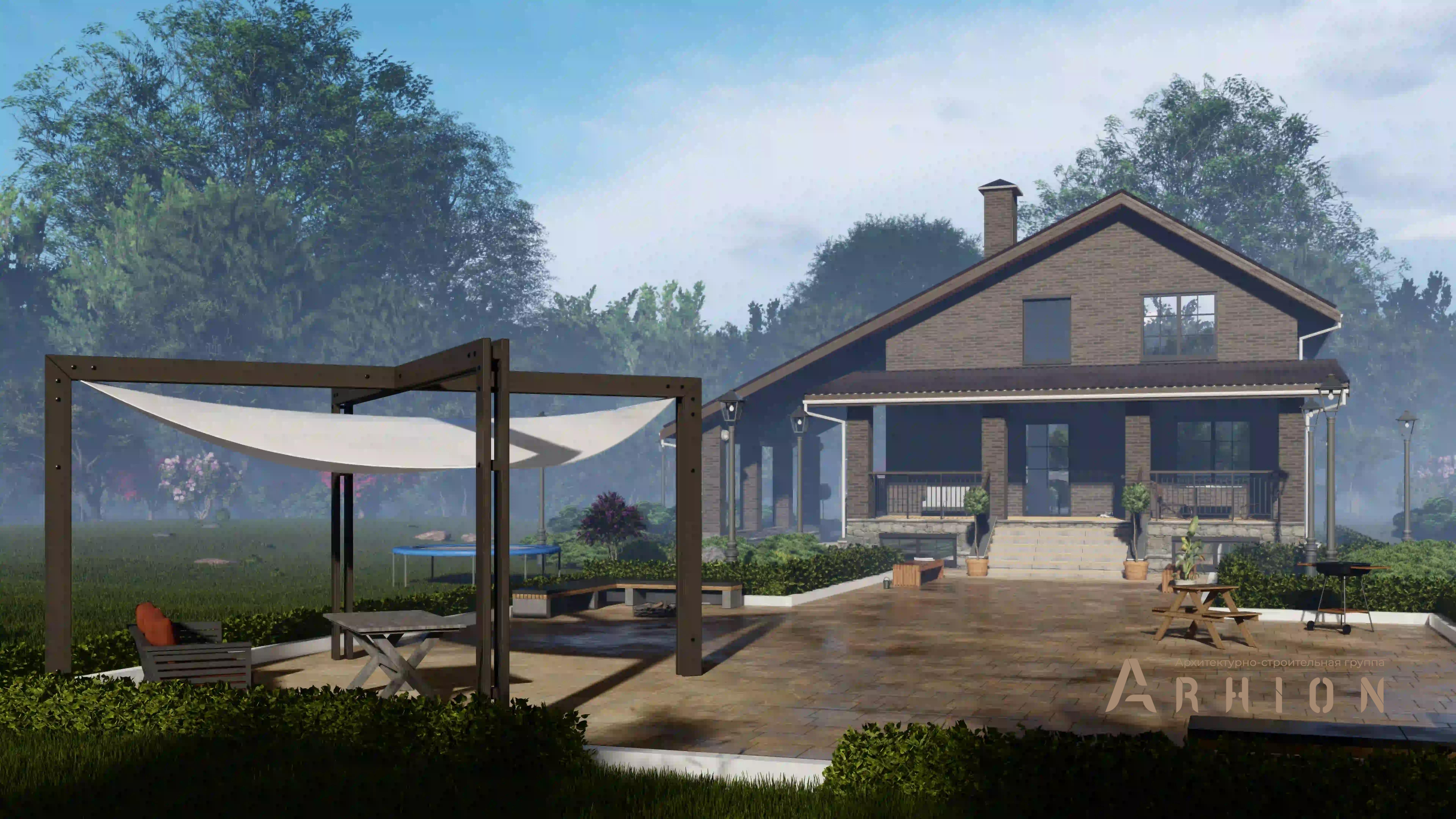 7. Проект двухэтажного дома в стиле шале с двускатной кровлей, H-1407, площадью - 328 кв c цокольным этажом, мансардой, терассой