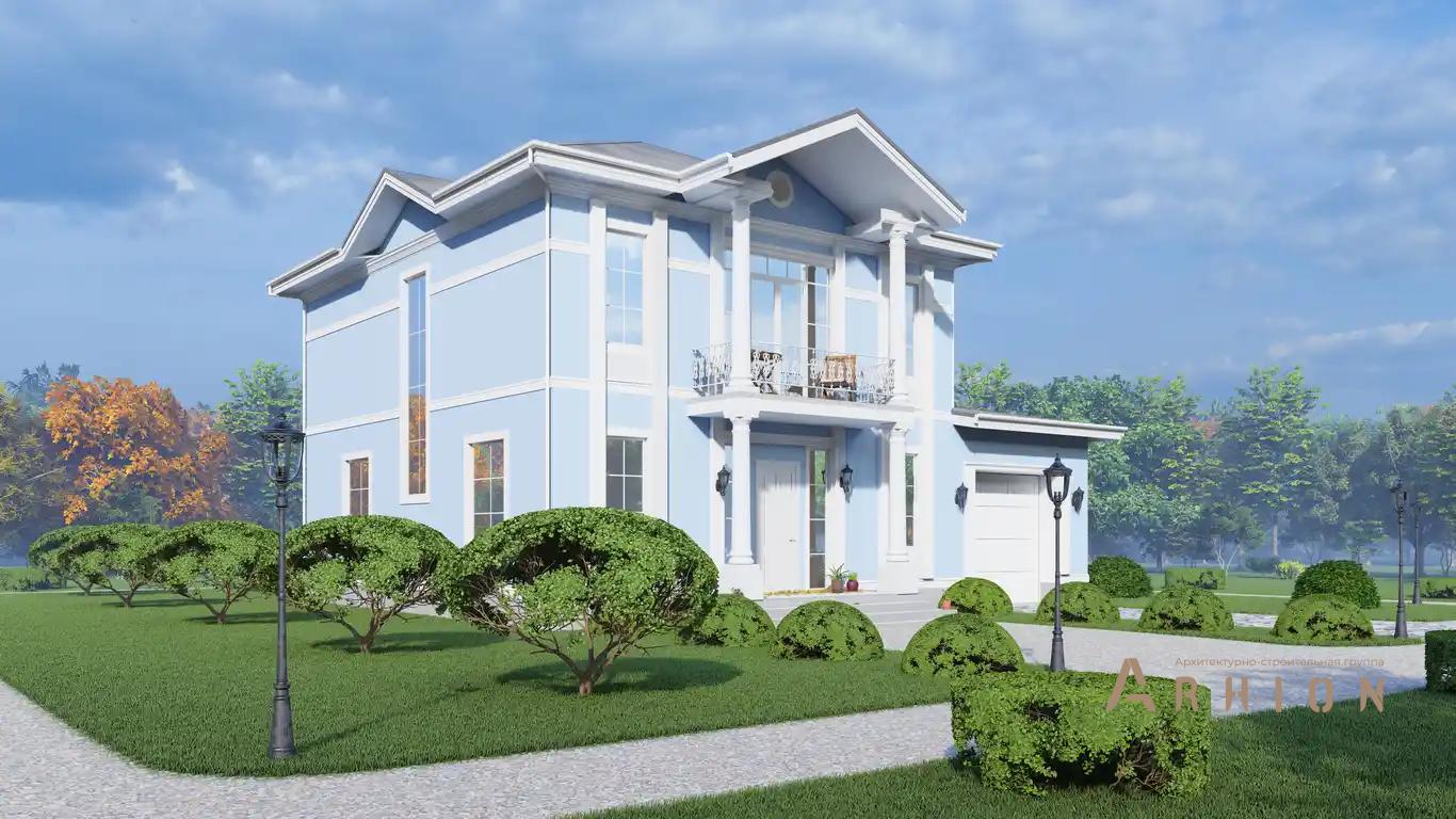 1. Проект двухэтажного дома в классическом стиле с многоскатной кровлей, H-1408, площадью - 242 кв c балконом, гаражом