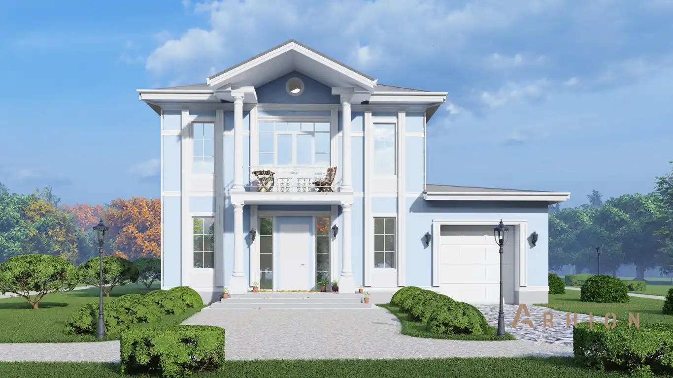 8. Проект двухэтажного дома в классическом стиле с многоскатной кровлей, H-1408, площадью - 242 кв c балконом, гаражом