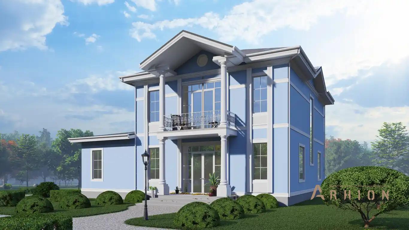 2. Проект двухэтажного дома в классическом стиле с многоскатной кровлей, H-1408, площадью - 242 кв c балконом, гаражом