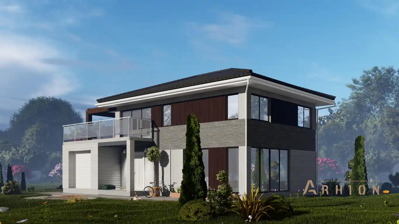 1. Проект двухэтажного дома в современном стиле с четырехскатной, H-1409, площадью - 180 кв c терассой, балконом, гаражом