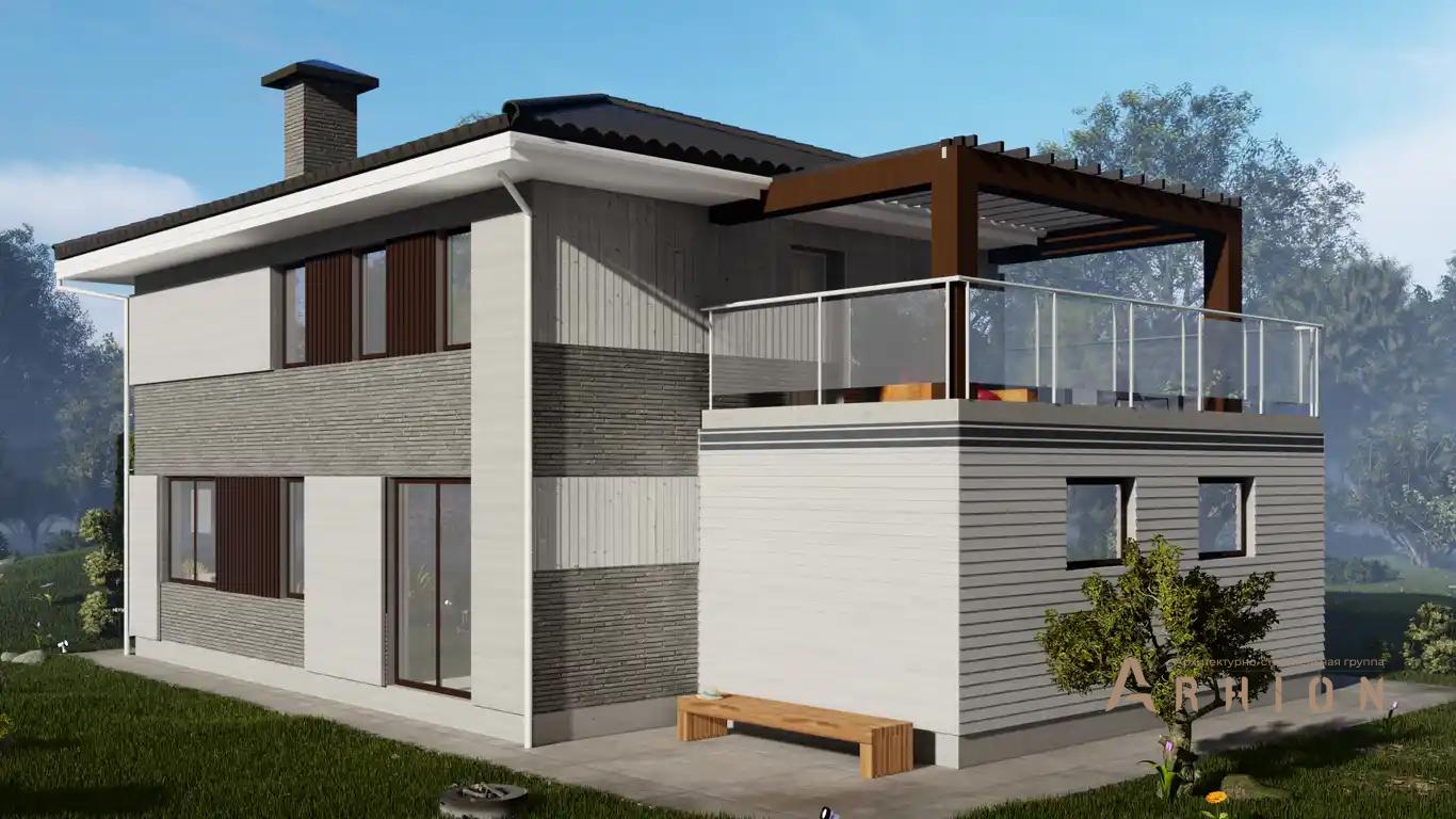 9. Проект двухэтажного дома в современном стиле с четырехскатной, H-1409, площадью - 180 кв c терассой, балконом, гаражом