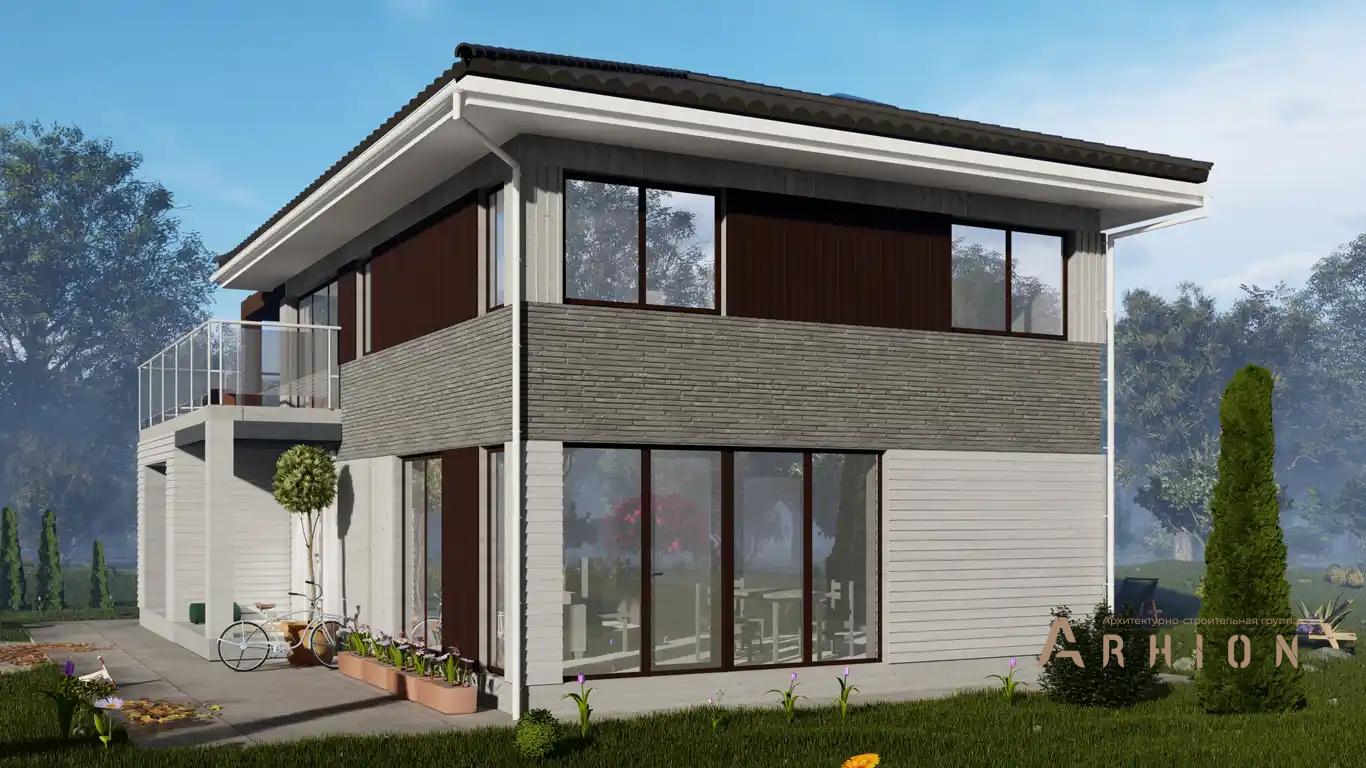 2. Проект двухэтажного дома в современном стиле с четырехскатной, H-1409, площадью - 180 кв c терассой, балконом, гаражом