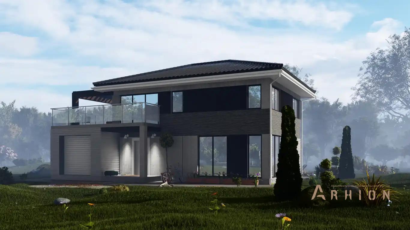 3. Проект двухэтажного дома в современном стиле с четырехскатной, H-1409, площадью - 180 кв c терассой, балконом, гаражом