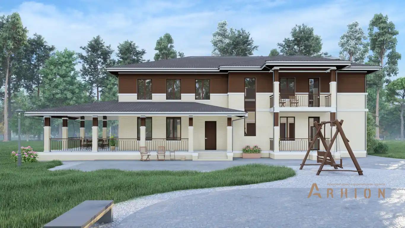 1. Проект двухэтажного дома в европейском стиле с многоскатной кровлей, H-1410, площадью - 624 кв c терассой, гаражом