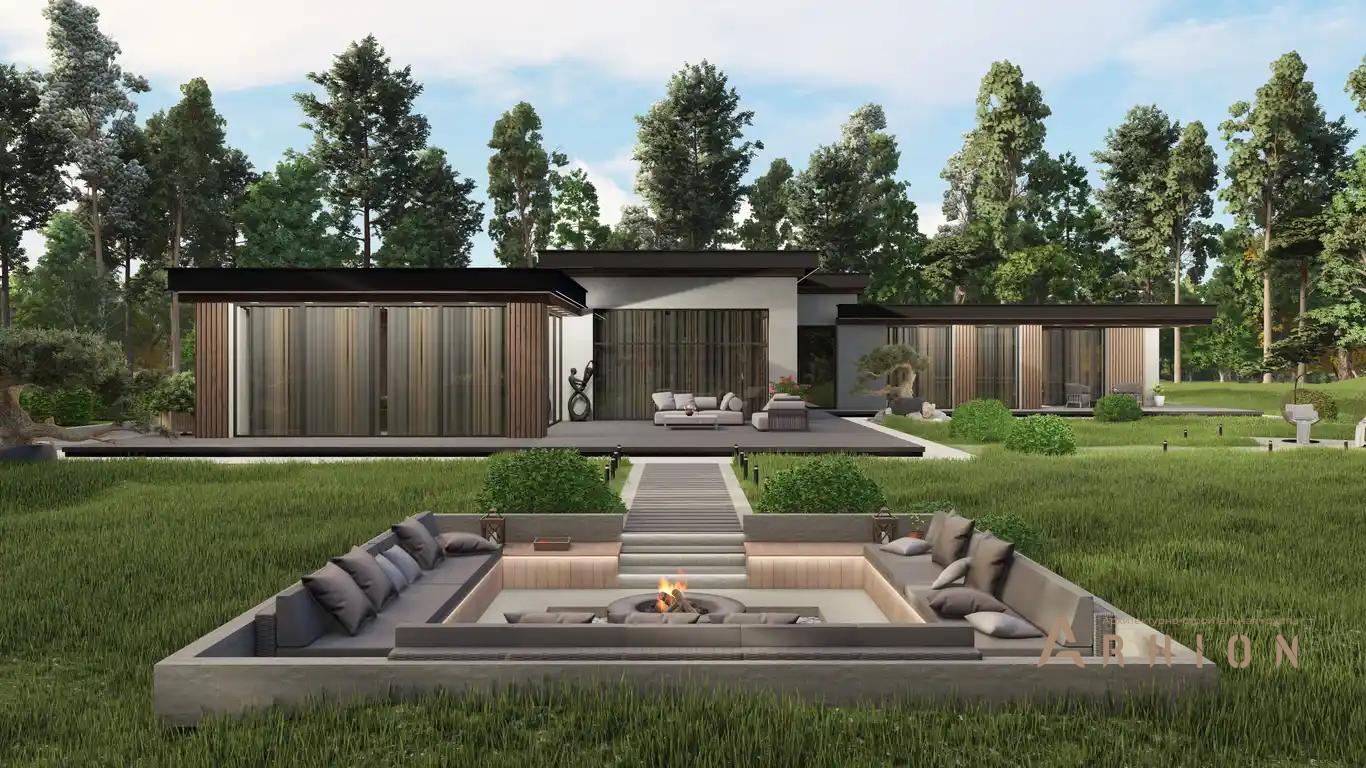 1. Проект одноэтажного дома в стиле хай-тек с плоской кровлей , H-1411, площадью - 503 кв c терассой, гаражом