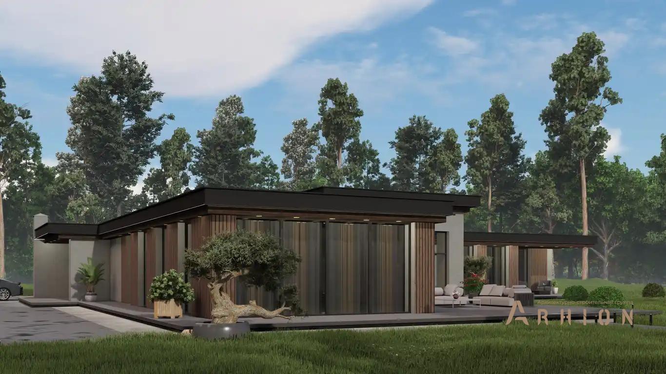 9. Проект одноэтажного дома в стиле хай-тек с плоской кровлей , H-1411, площадью - 503 кв c терассой, гаражом