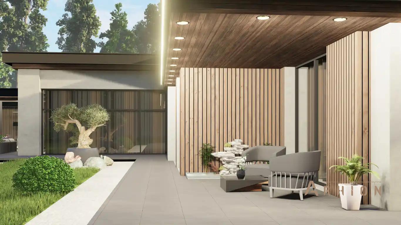 4. Проект одноэтажного дома в стиле хай-тек с плоской кровлей , H-1411, площадью - 503 кв c терассой, гаражом