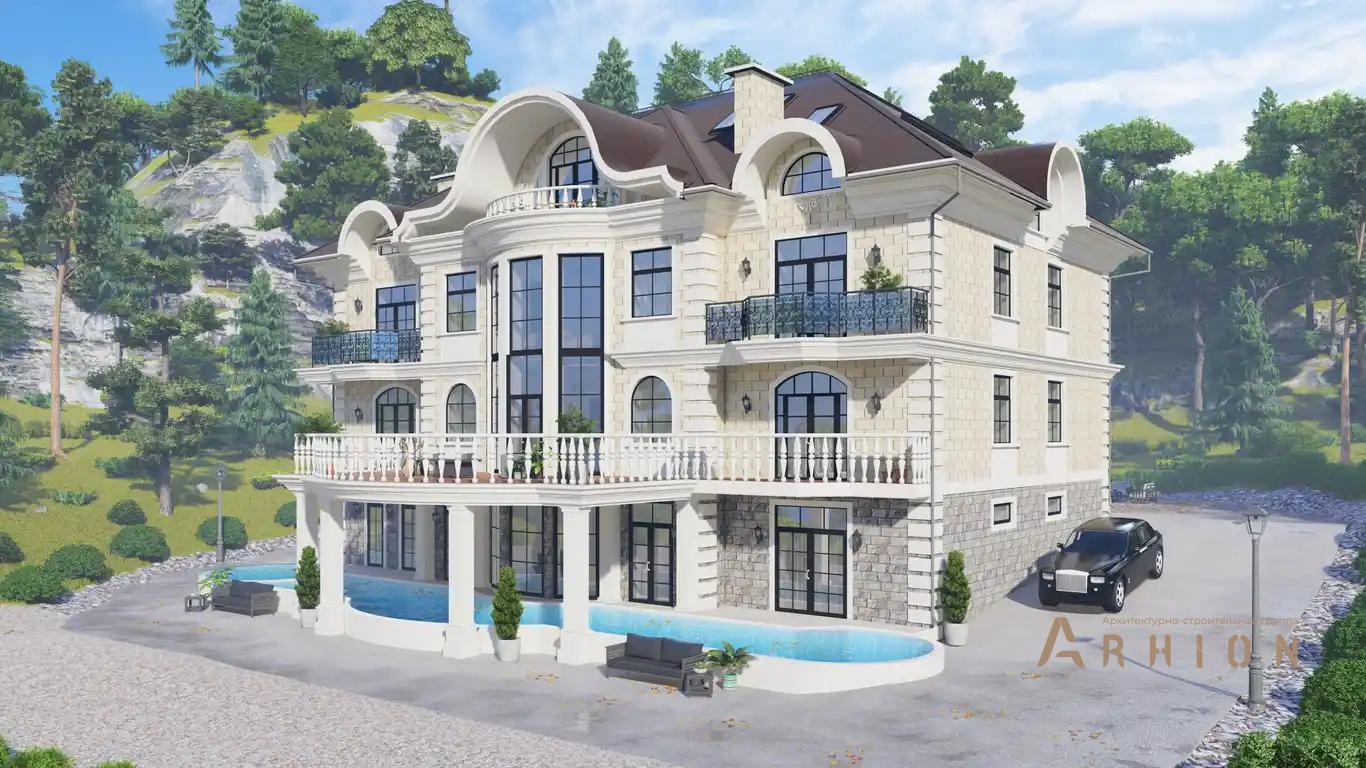 1. Проект двухэтажного дома в классическом стиле с многоскатной кровлей, H-1413, площадью - 1120 кв c цокольным этажом, мансардой, сауной, балконом, бассейном, эркером