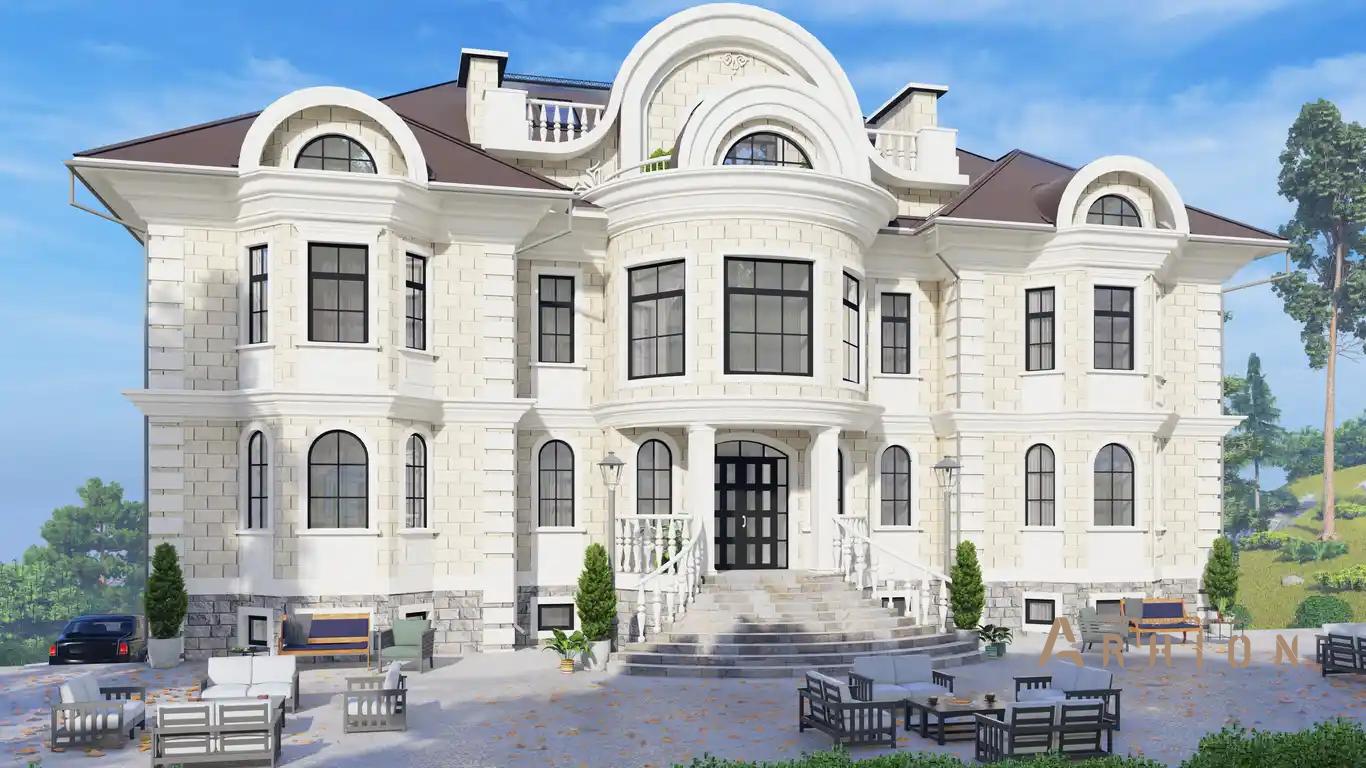 6. Проект двухэтажного дома в классическом стиле с многоскатной кровлей, H-1413, площадью - 1120 кв c цокольным этажом, мансардой, сауной, балконом, бассейном, эркером